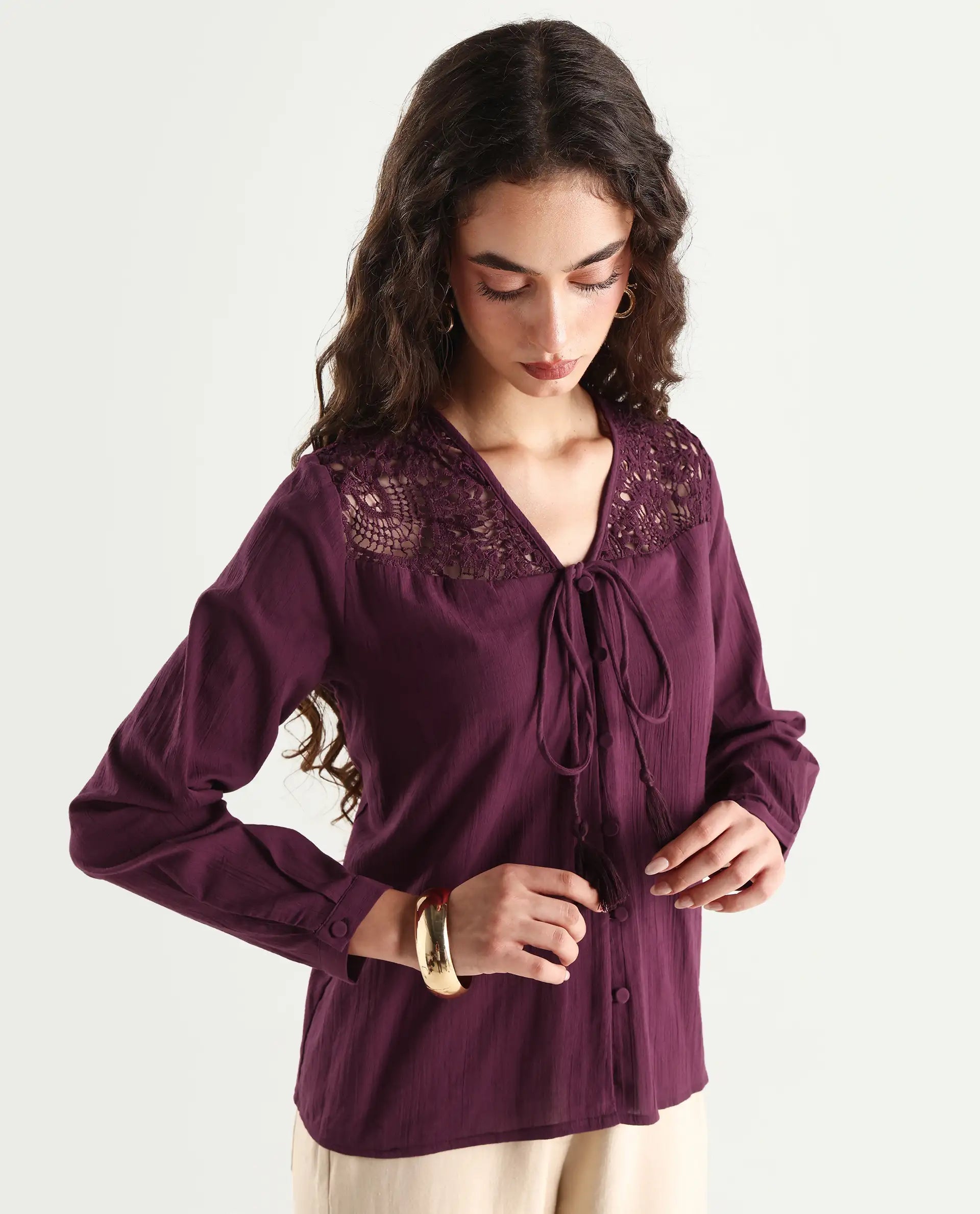 Rareism Women's Sonoki Dark Maroon Cotton V-Neck Plain Relaxed Fit Top