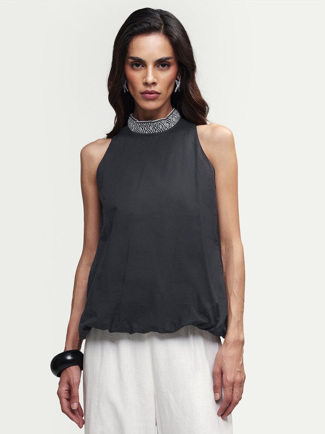 Rareism Women's Arezzo-T Black Cotton Mandarin Collar Plain Sleeveless Balloon Top