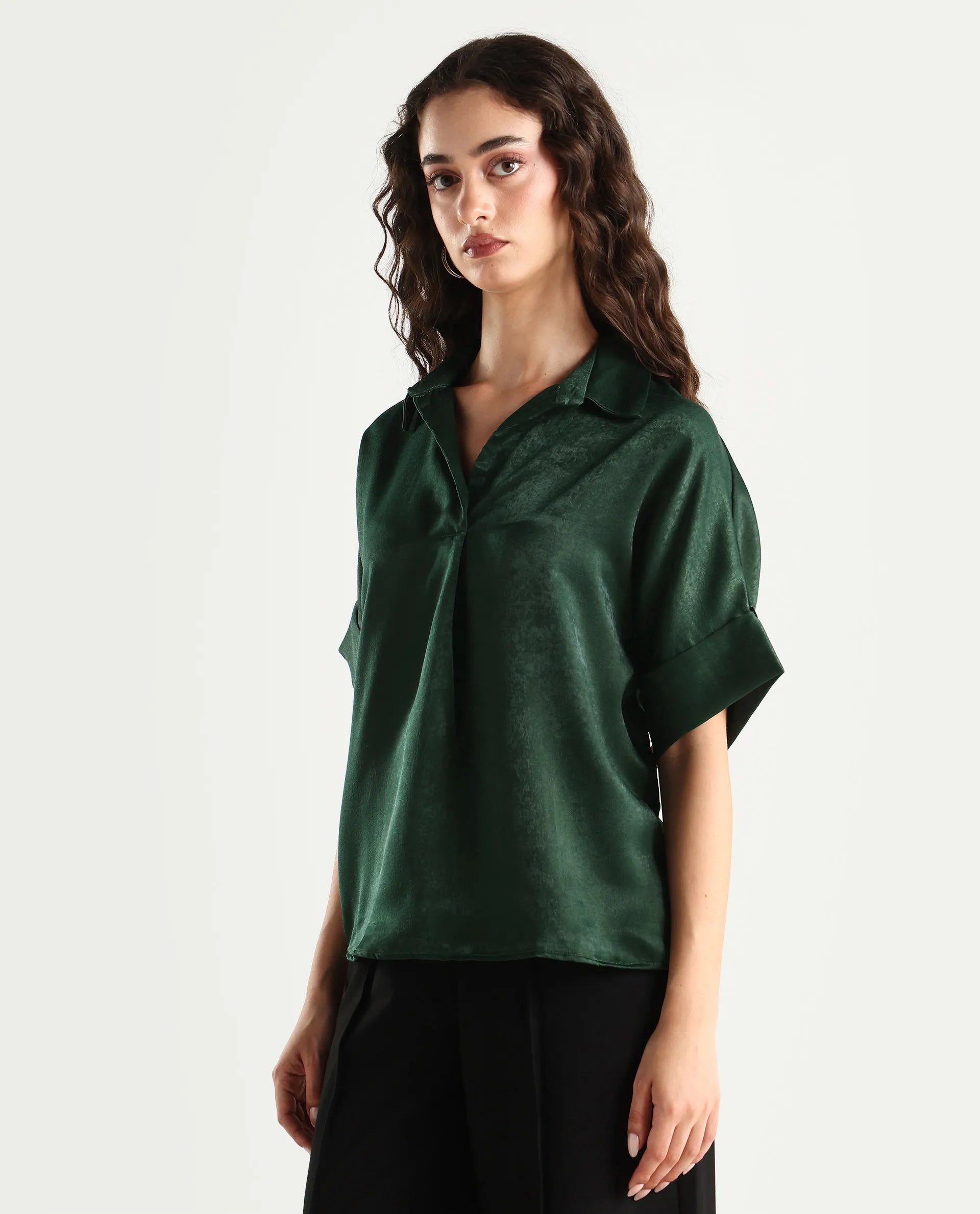 Rareism Women's Lamona-T Dark Green Polyester Drop Collar Plain Extended Sleeves Boxy Fit Top