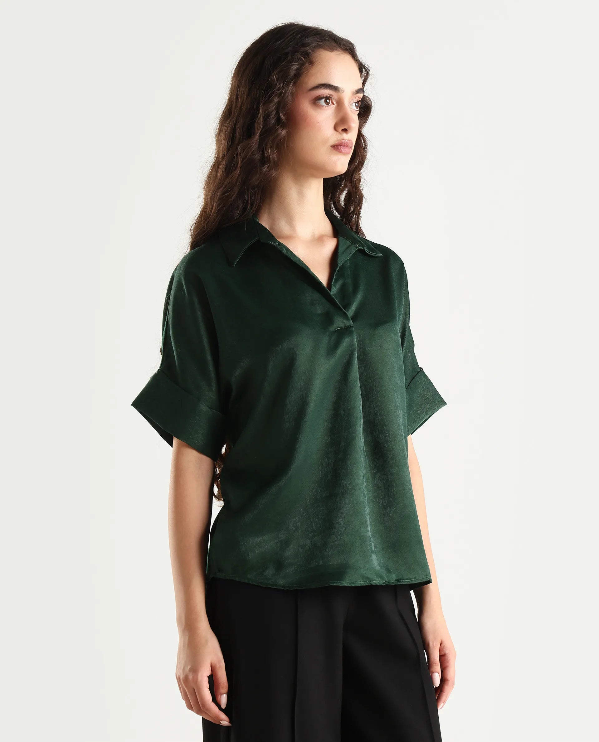 Rareism Women's Lamona-T Dark Green Polyester Drop Collar Plain Extended Sleeves Boxy Fit Top