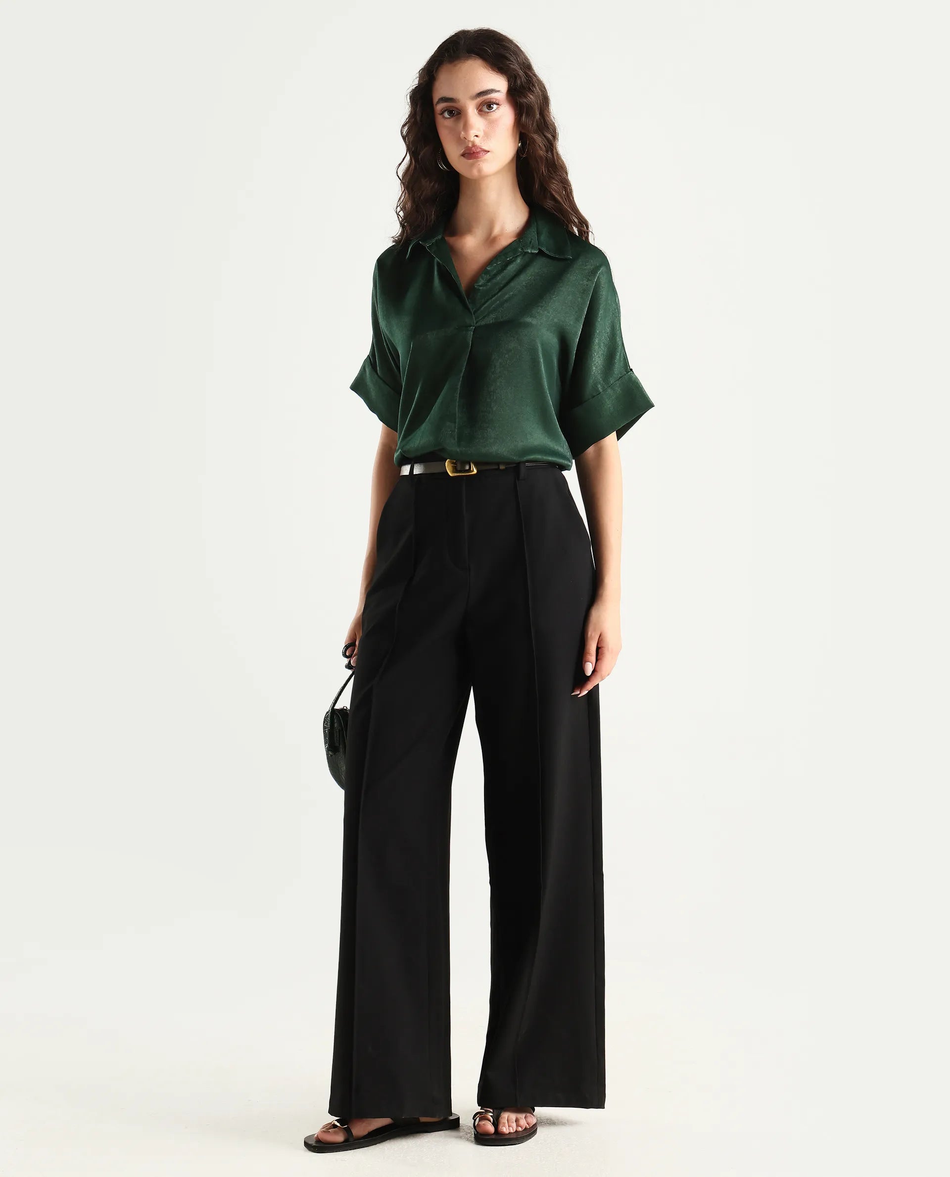 Rareism Women's Lamona-T Dark Green Polyester Drop Collar Plain Extended Sleeves Boxy Fit Top
