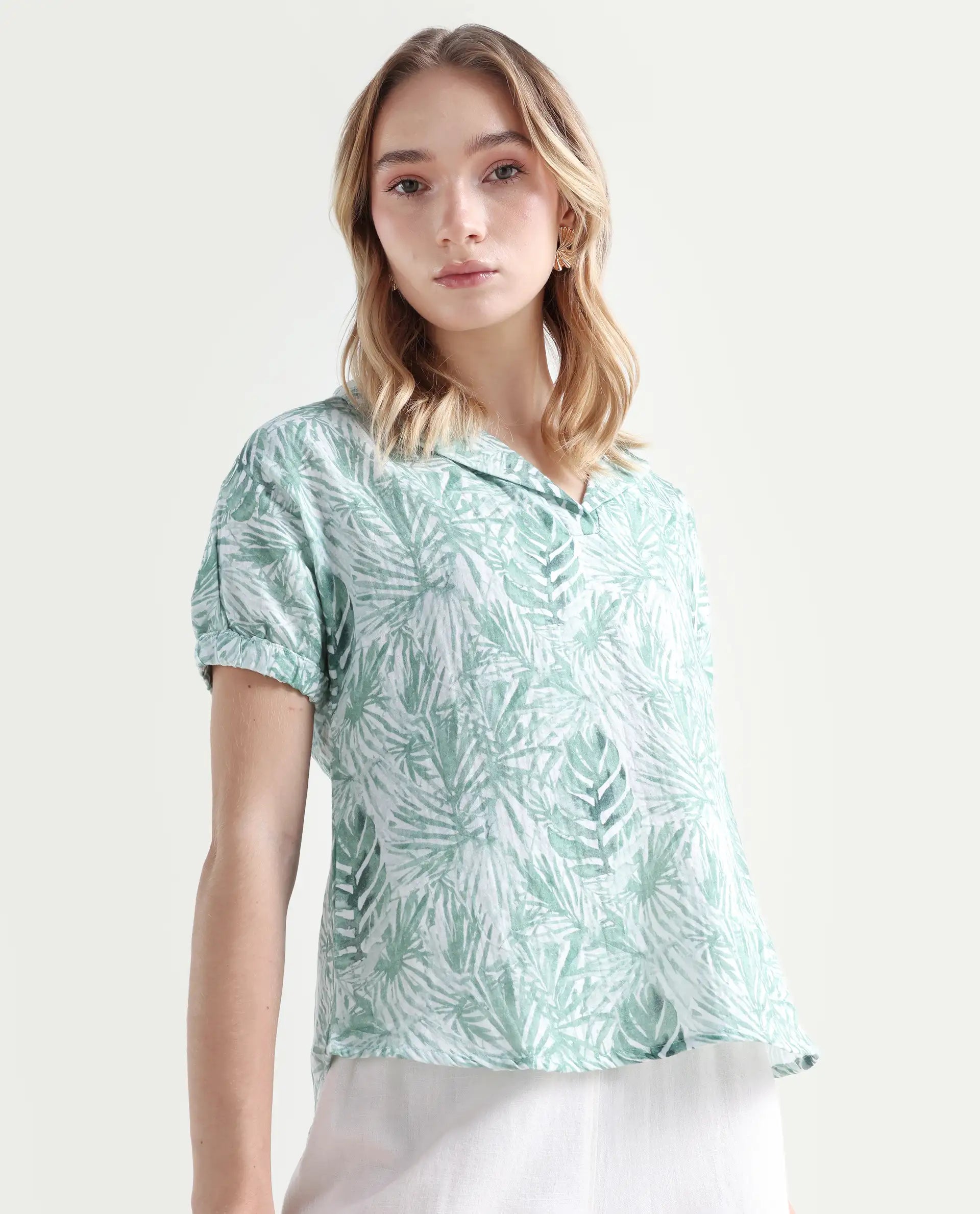 Rareism Women's Manak Off White Cotton Blend Lapel Neck Abstract Print Extended Sleeves Regular Fit Top