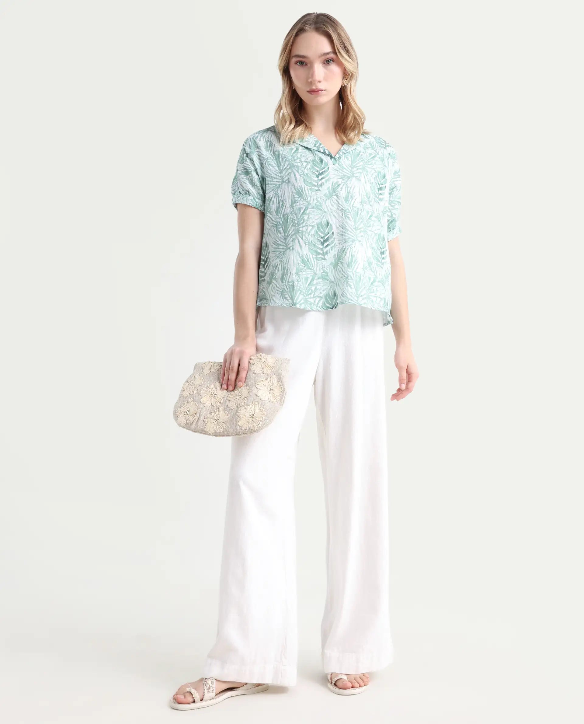 Rareism Women's Manak Off White Cotton Blend Lapel Neck Abstract Print Extended Sleeves Regular Fit Top