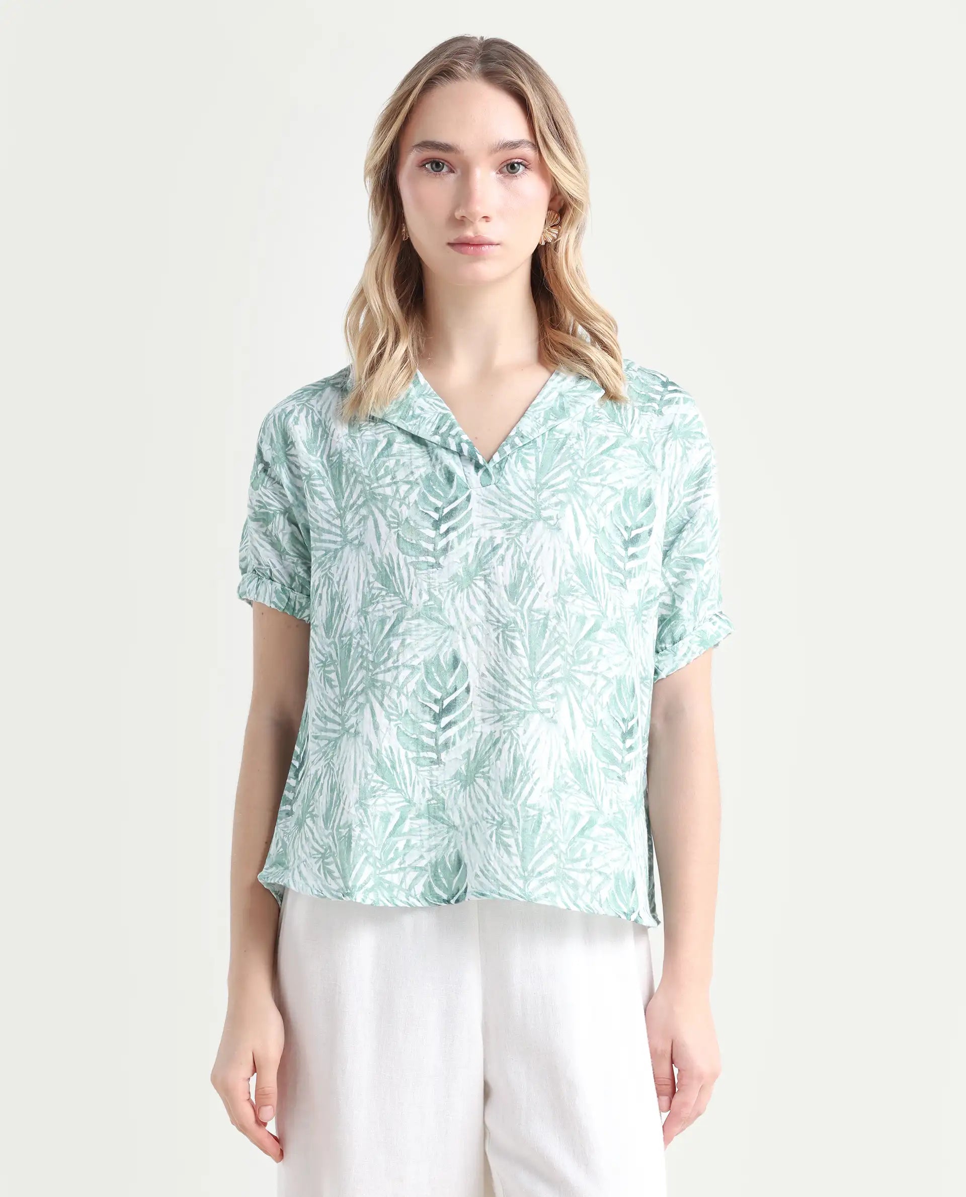 Rareism Women's Manak Off White Cotton Blend Lapel Neck Abstract Print Extended Sleeves Regular Fit Top