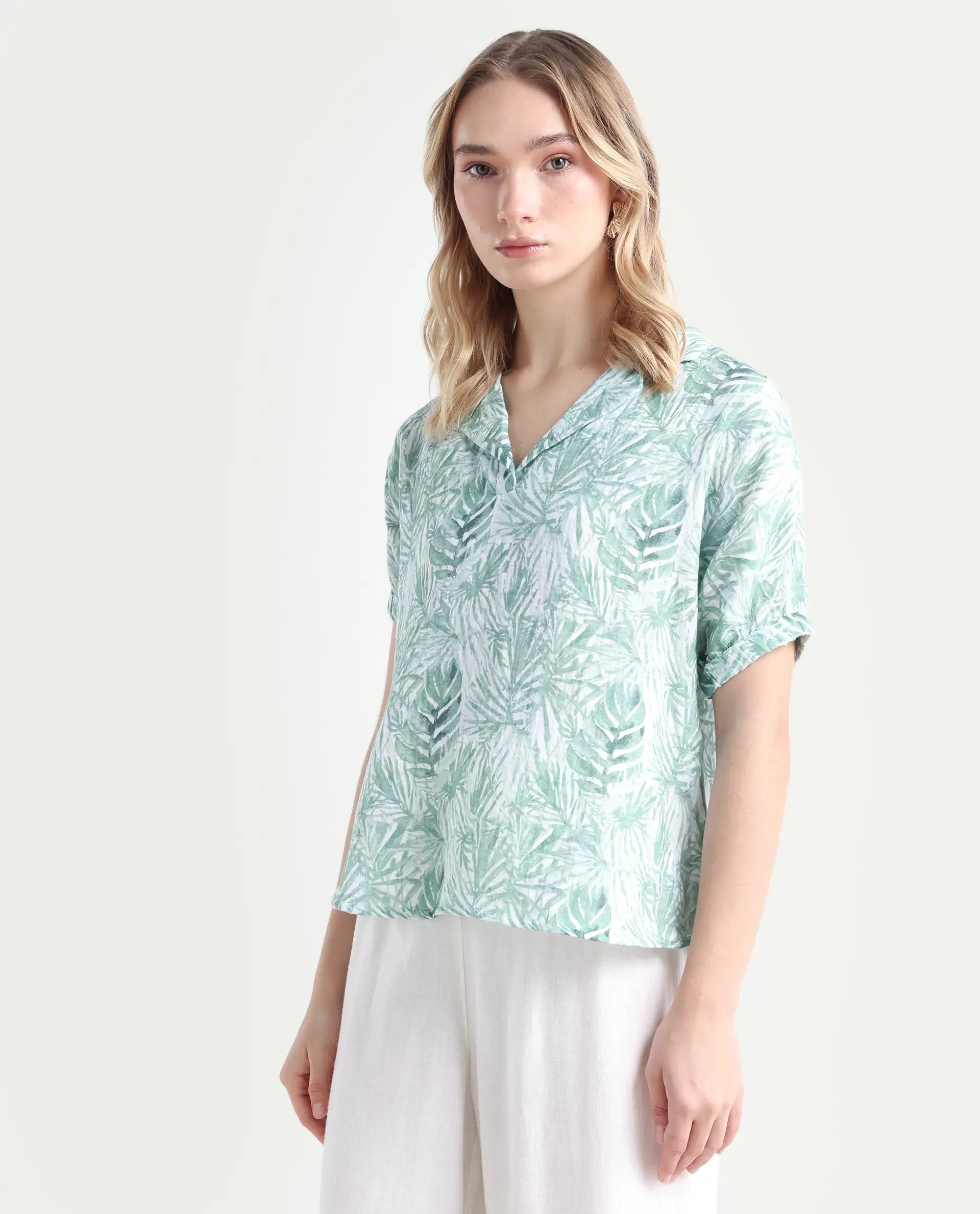 Rareism Women's Manak Off White Cotton Blend Lapel Neck Abstract Print Extended Sleeves Regular Fit Top