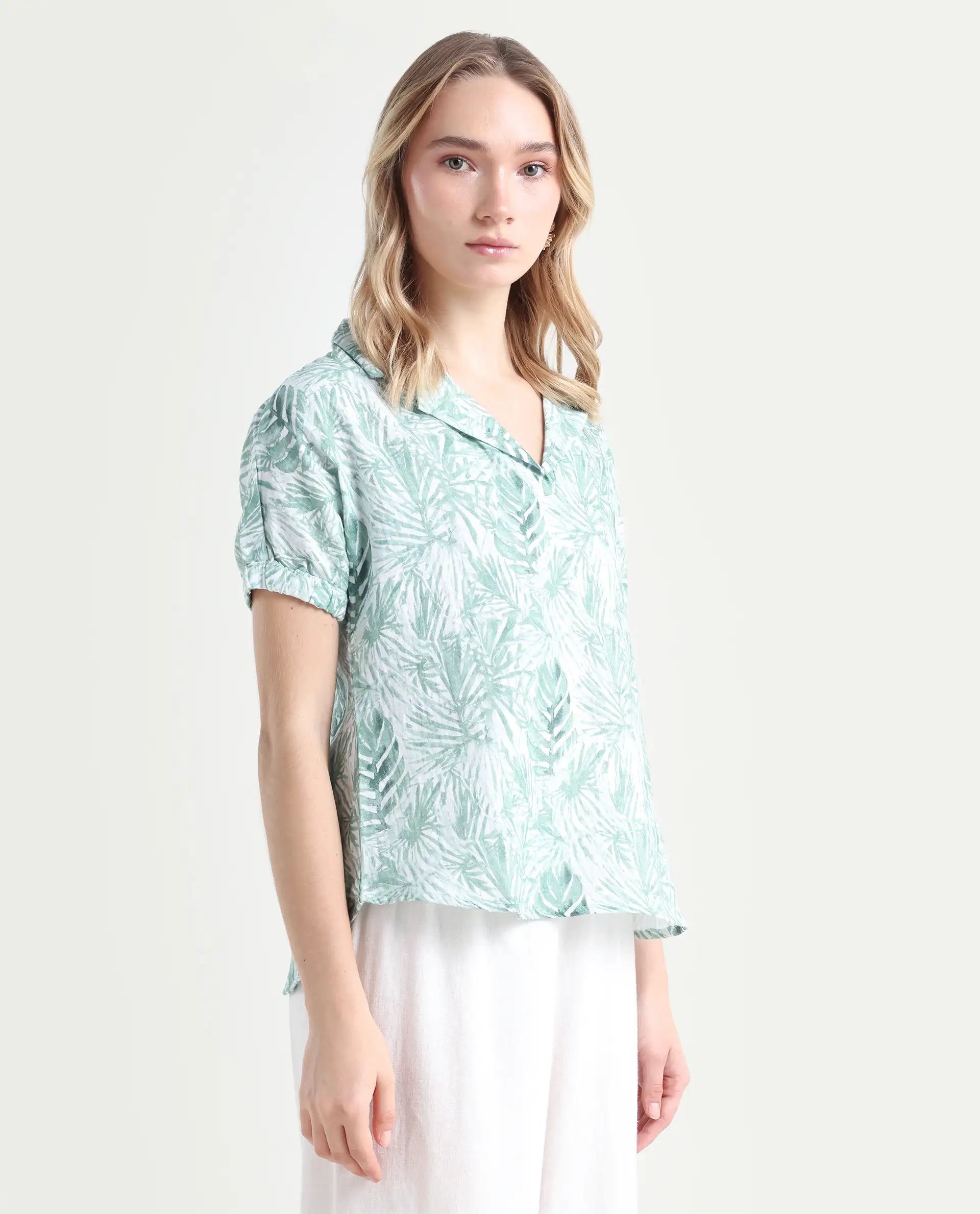 Rareism Women's Manak Off White Cotton Blend Lapel Neck Abstract Print Extended Sleeves Regular Fit Top