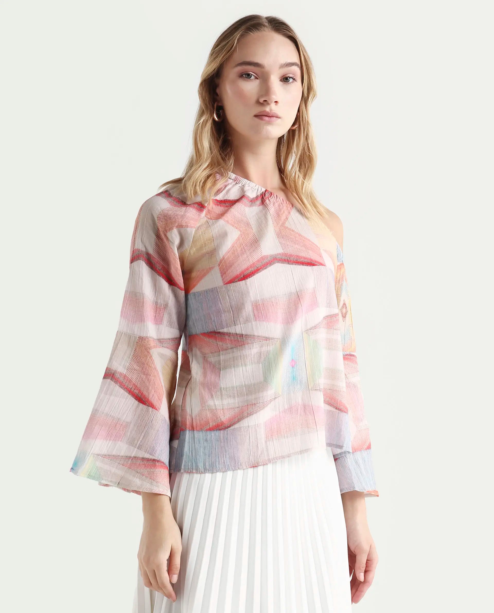 Rareism Women's Leightono Dusky Multi Cotton One Shoulder Abstract Print Raglan Sleeve Regular Fit Top