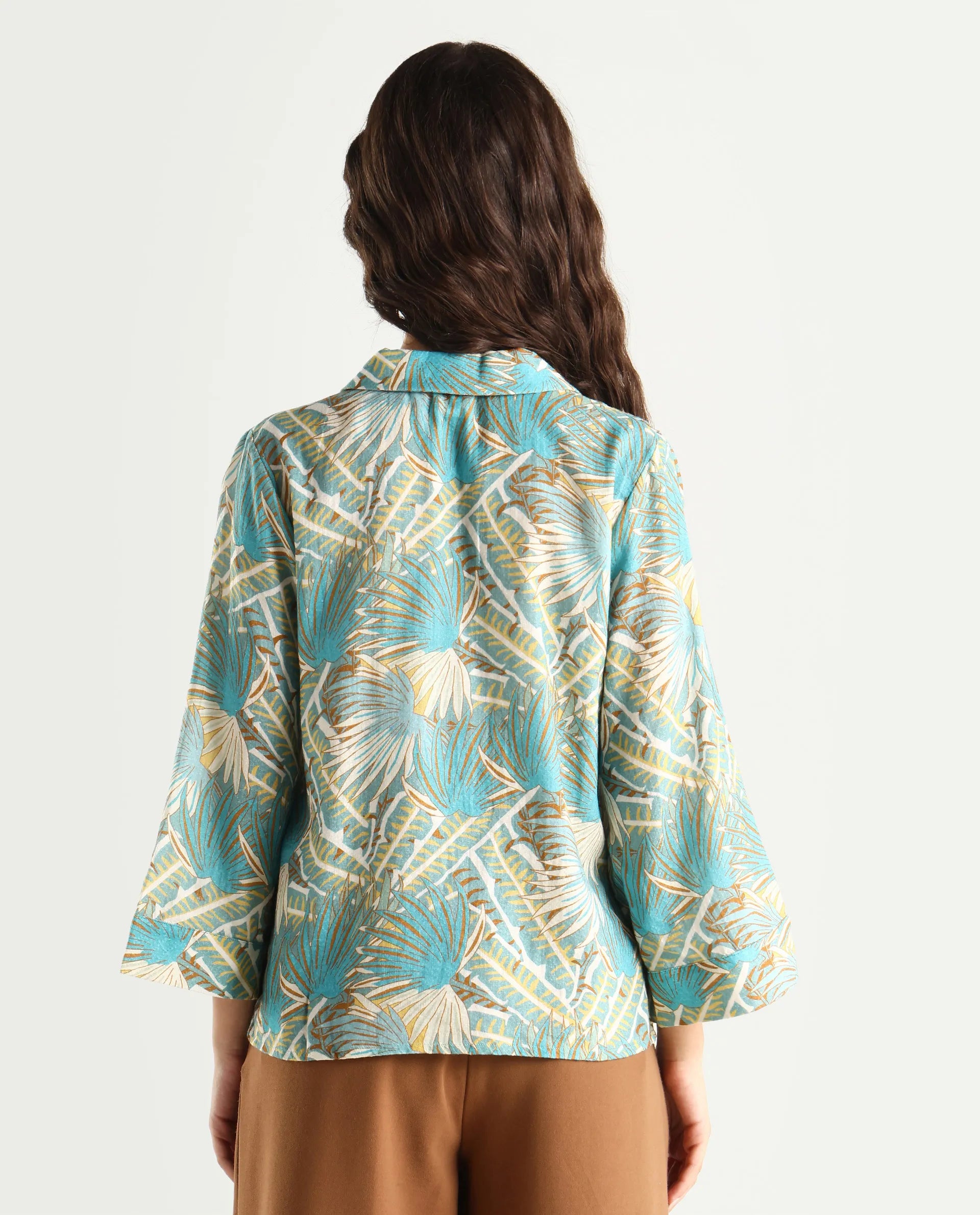 Rareism Women's Karrara Dusky Blue Nylon Blend Lapel Neck Tropical Print Regular Fit Top