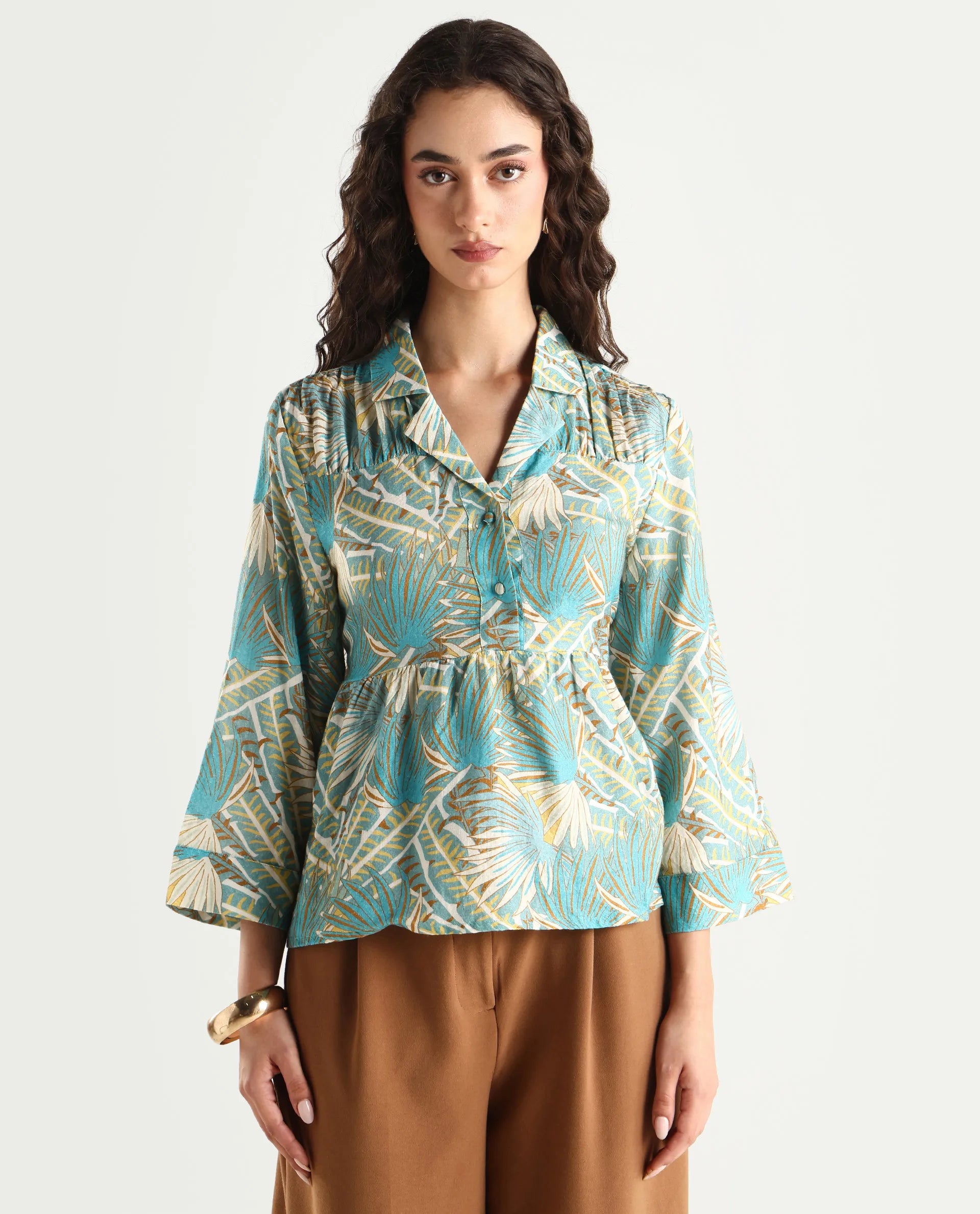 Rareism Women's Karrara Dusky Blue Nylon Blend Lapel Neck Tropical Print Regular Fit Top