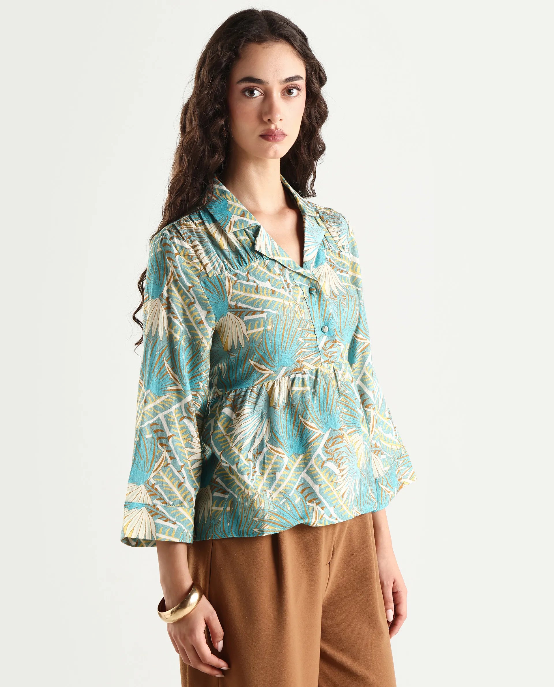 Rareism Women's Karrara Dusky Blue Nylon Blend Lapel Neck Tropical Print Regular Fit Top