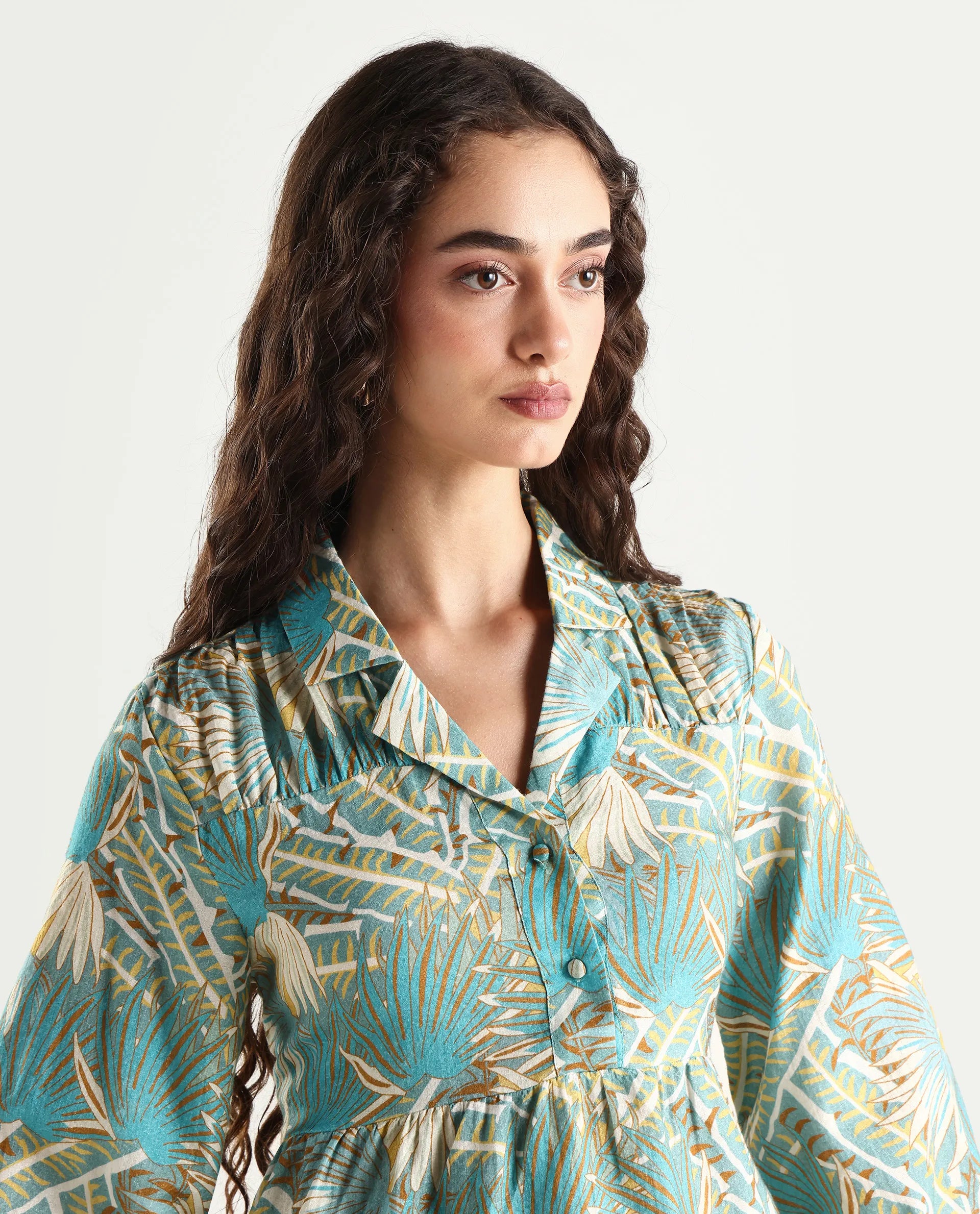 Rareism Women's Karrara Dusky Blue Nylon Blend Lapel Neck Tropical Print Regular Fit Top