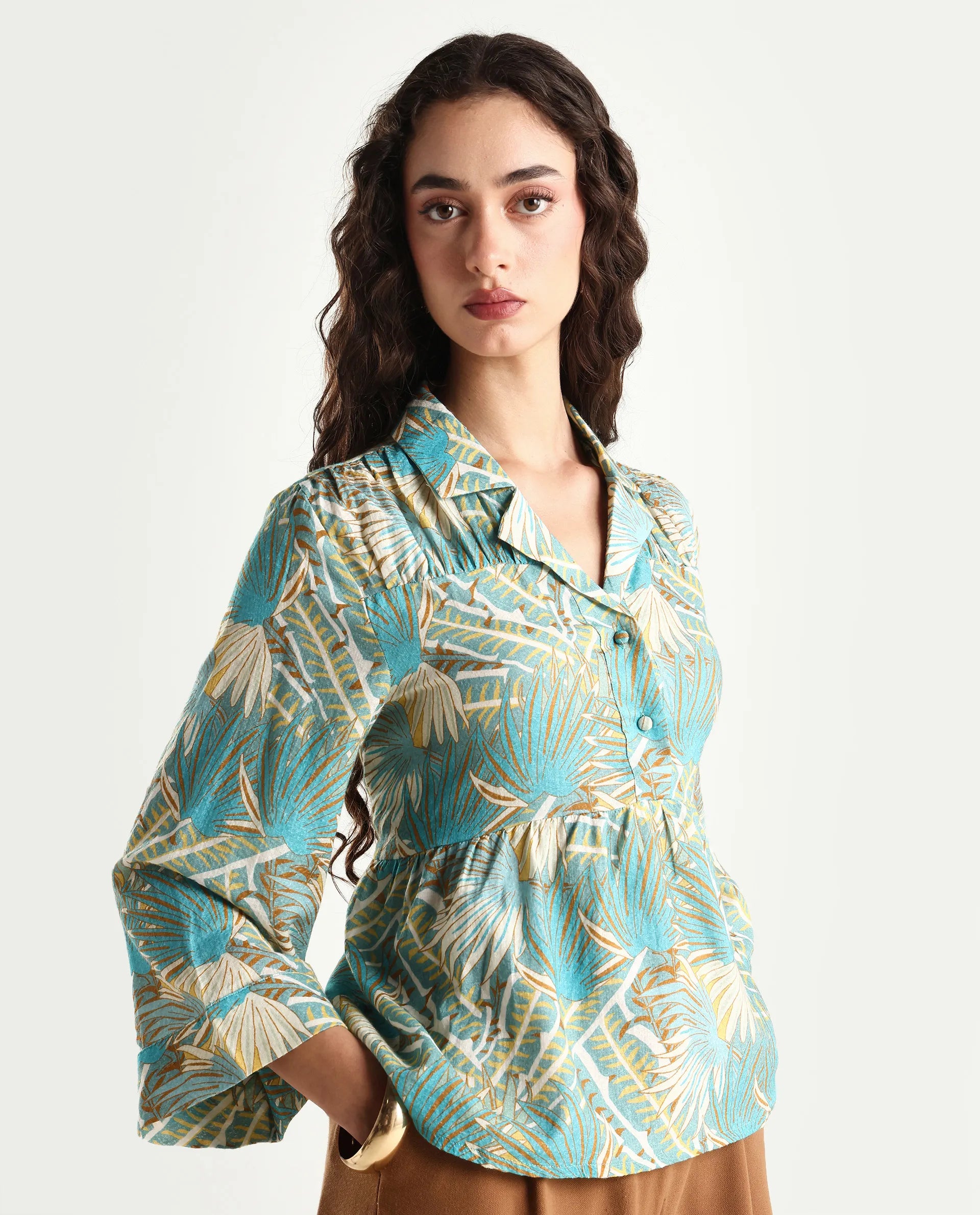 Rareism Women's Karrara Dusky Blue Nylon Blend Lapel Neck Tropical Print Regular Fit Top