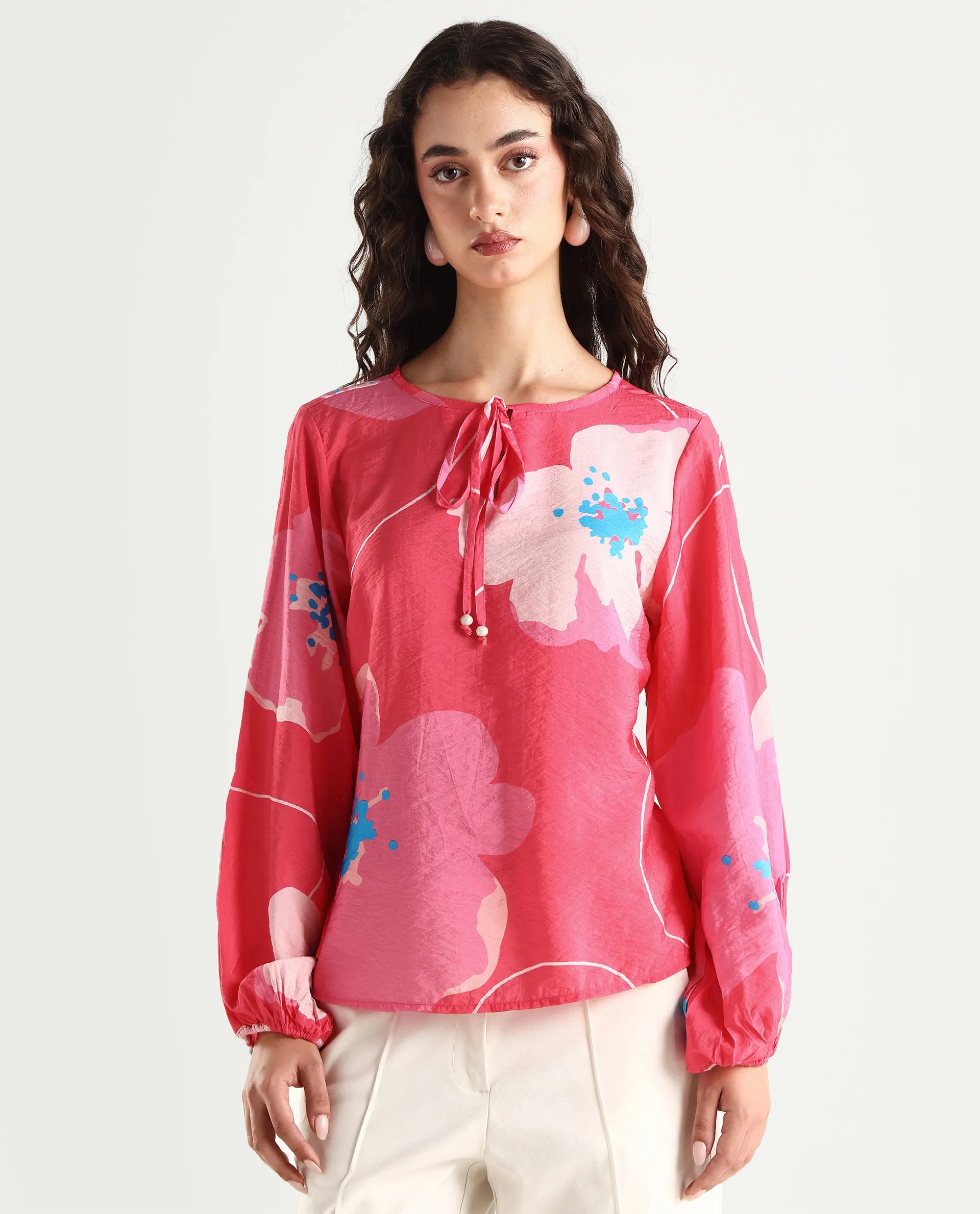 Rareism Women's Mestero Pink Nylon Blend Tie-Up Neck Floral Print Bishop Sleeve Regular Fit Top