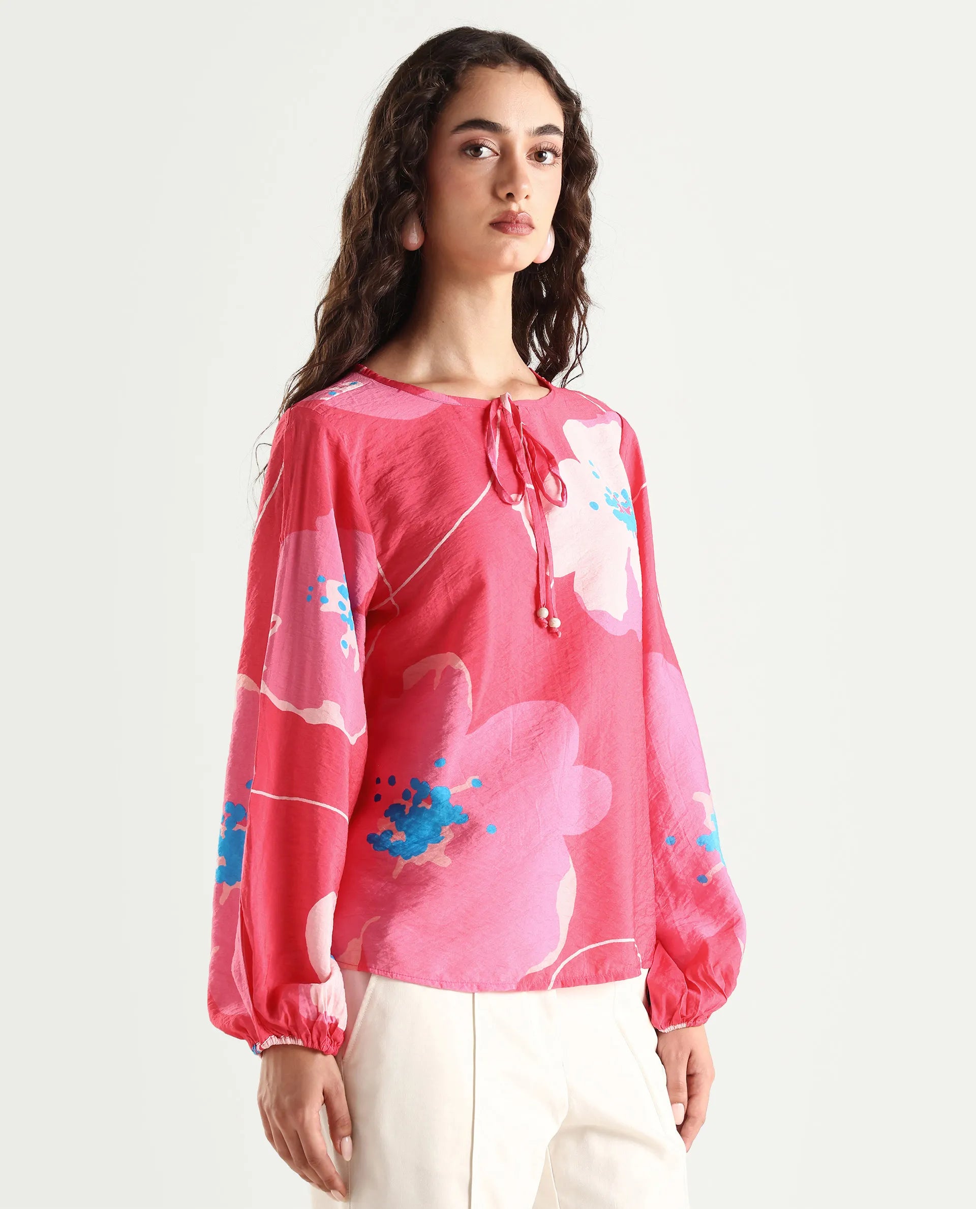 Rareism Women's Mestero Pink Nylon Blend Tie-Up Neck Floral Print Bishop Sleeve Regular Fit Top