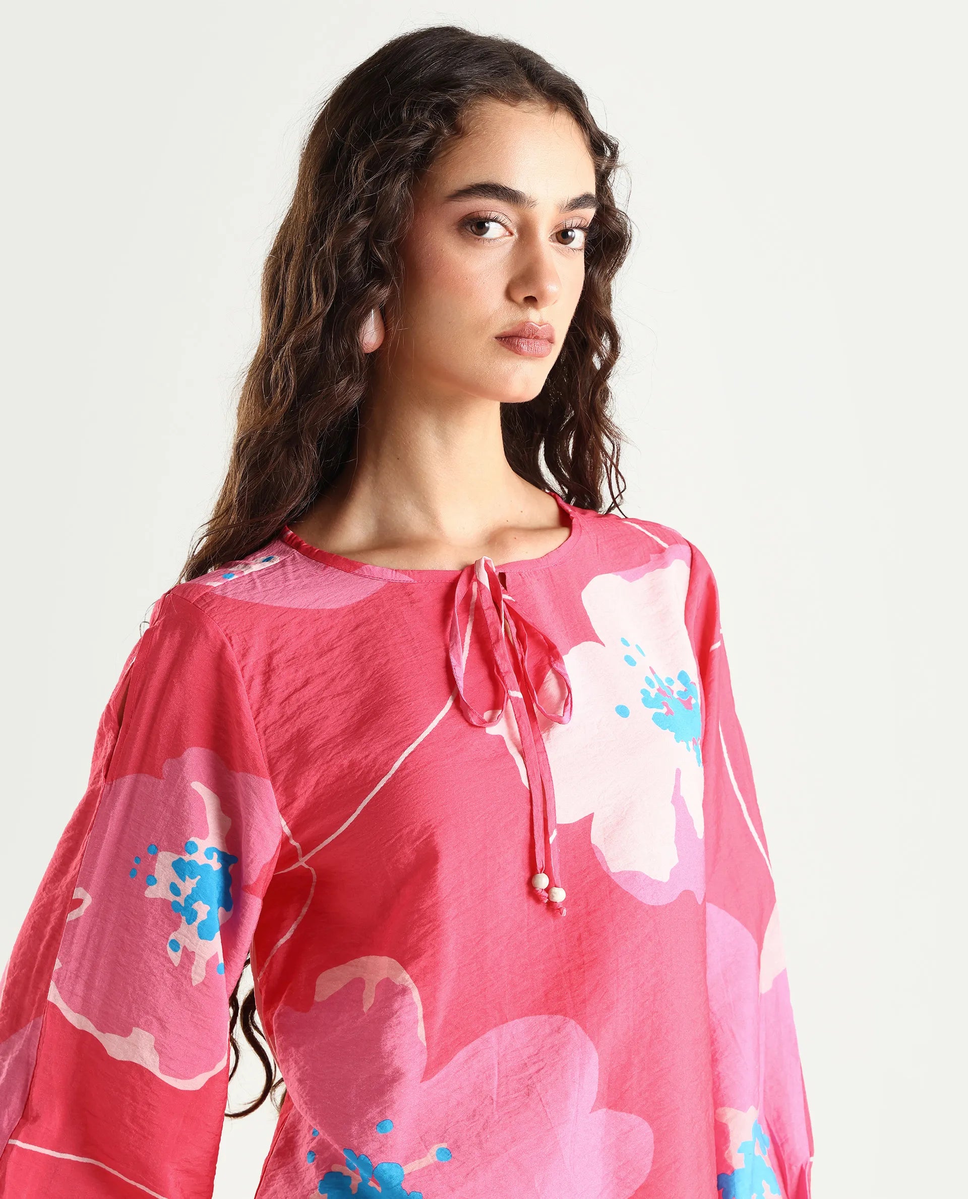 Rareism Women's Mestero Pink Nylon Blend Tie-Up Neck Floral Print Bishop Sleeve Regular Fit Top