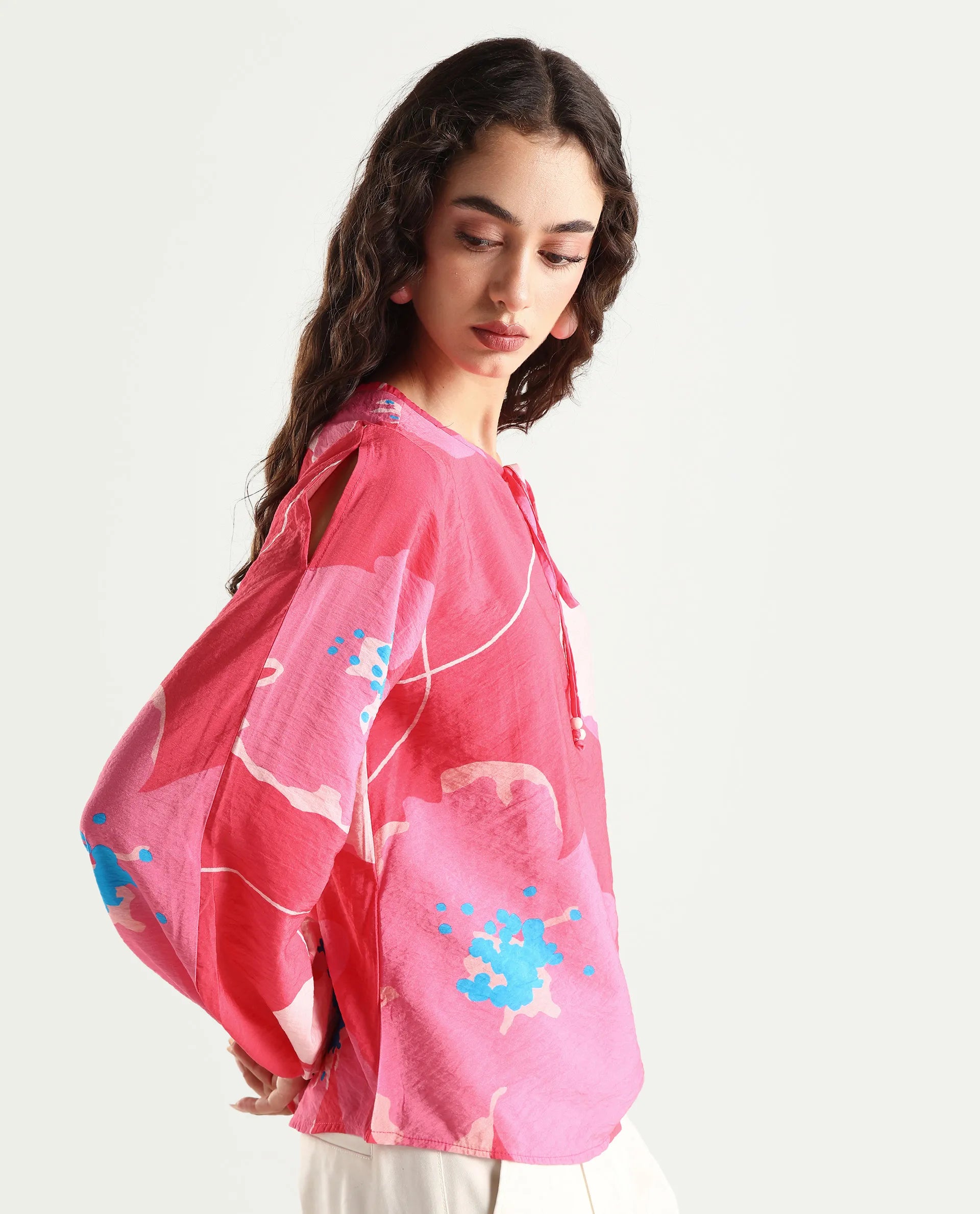 Rareism Women's Mestero Pink Nylon Blend Tie-Up Neck Floral Print Bishop Sleeve Regular Fit Top
