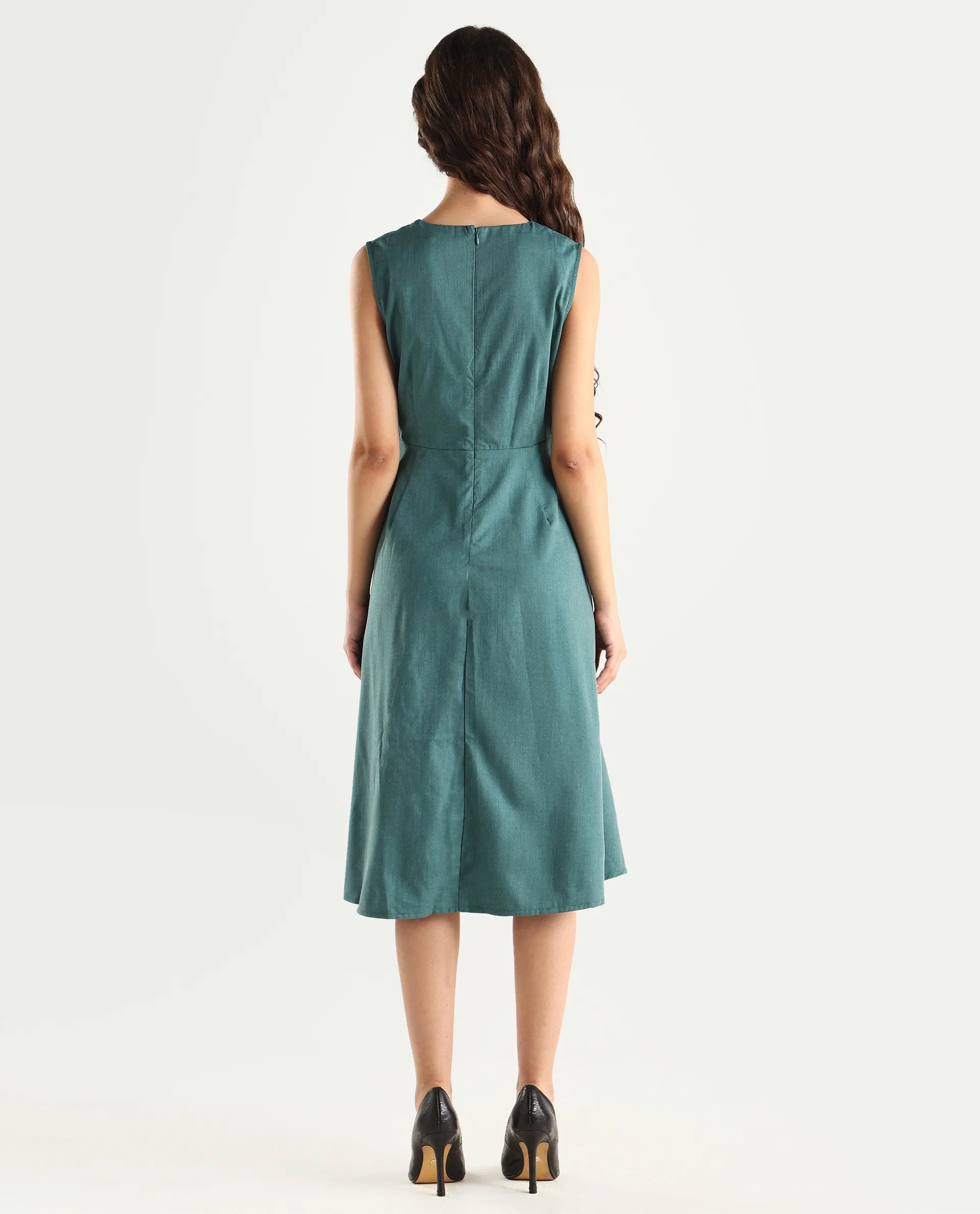 Rareism Women's Valmode Green Polyester Blend Overlap Neck Plain Sleeveless Midi Fit And Flare Dress