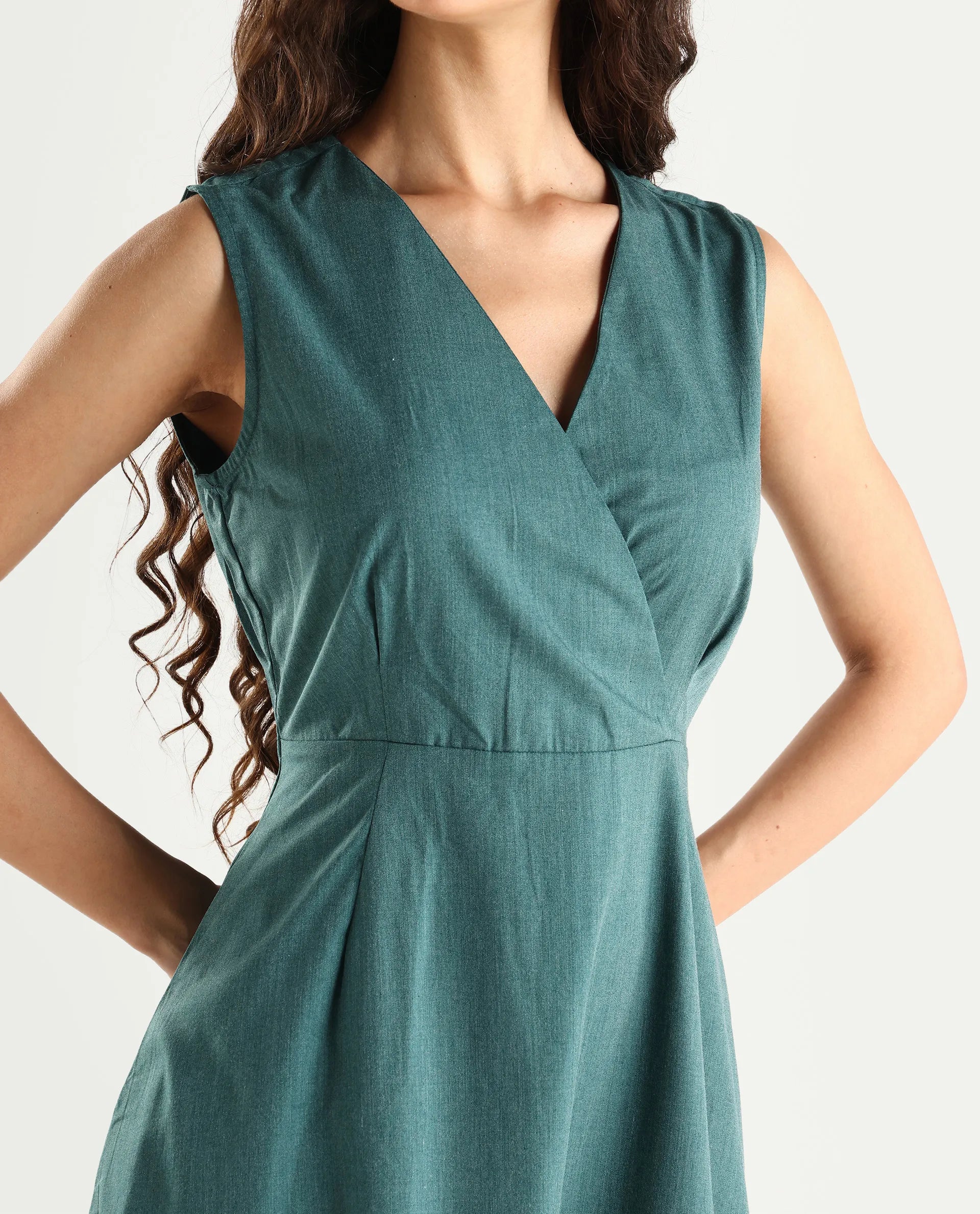 Rareism Women's Valmode Green Polyester Blend Overlap Neck Plain Sleeveless Midi Fit And Flare Dress