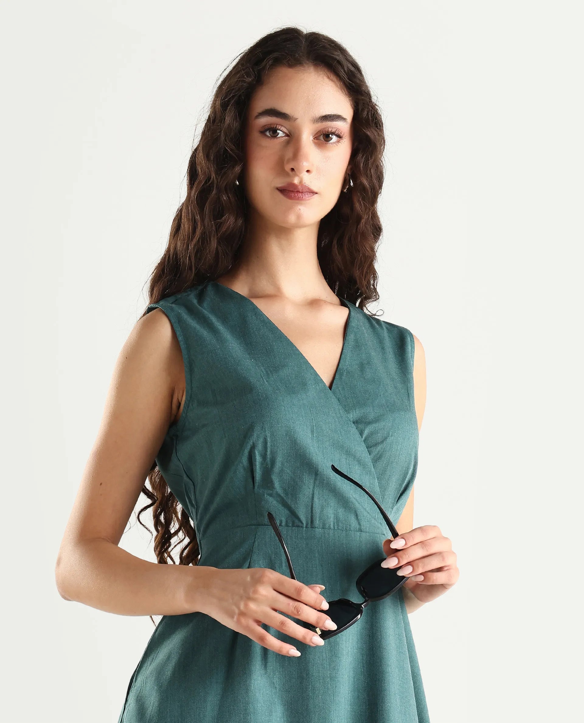 Rareism Women's Valmode Green Polyester Blend Overlap Neck Plain Sleeveless Midi Fit And Flare Dress