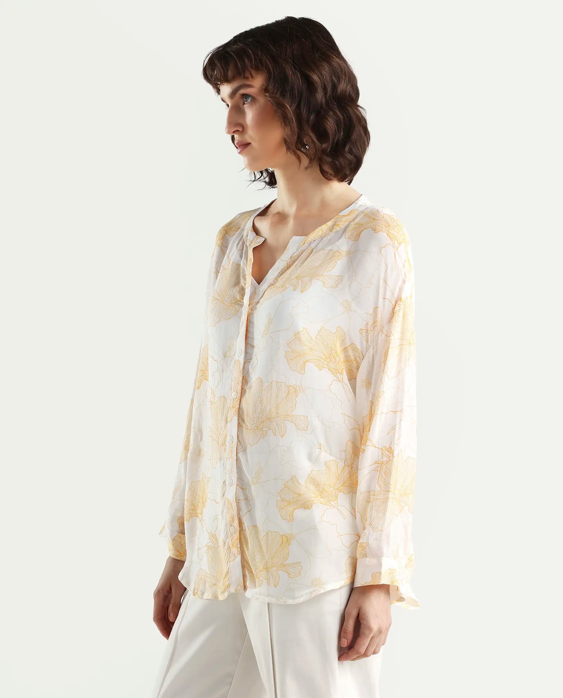 Rareism Women's Mayton Light Yellow Viscose Blend Mandarin Collar Floral Print Cuffed Sleeve Relaxed Fit Top