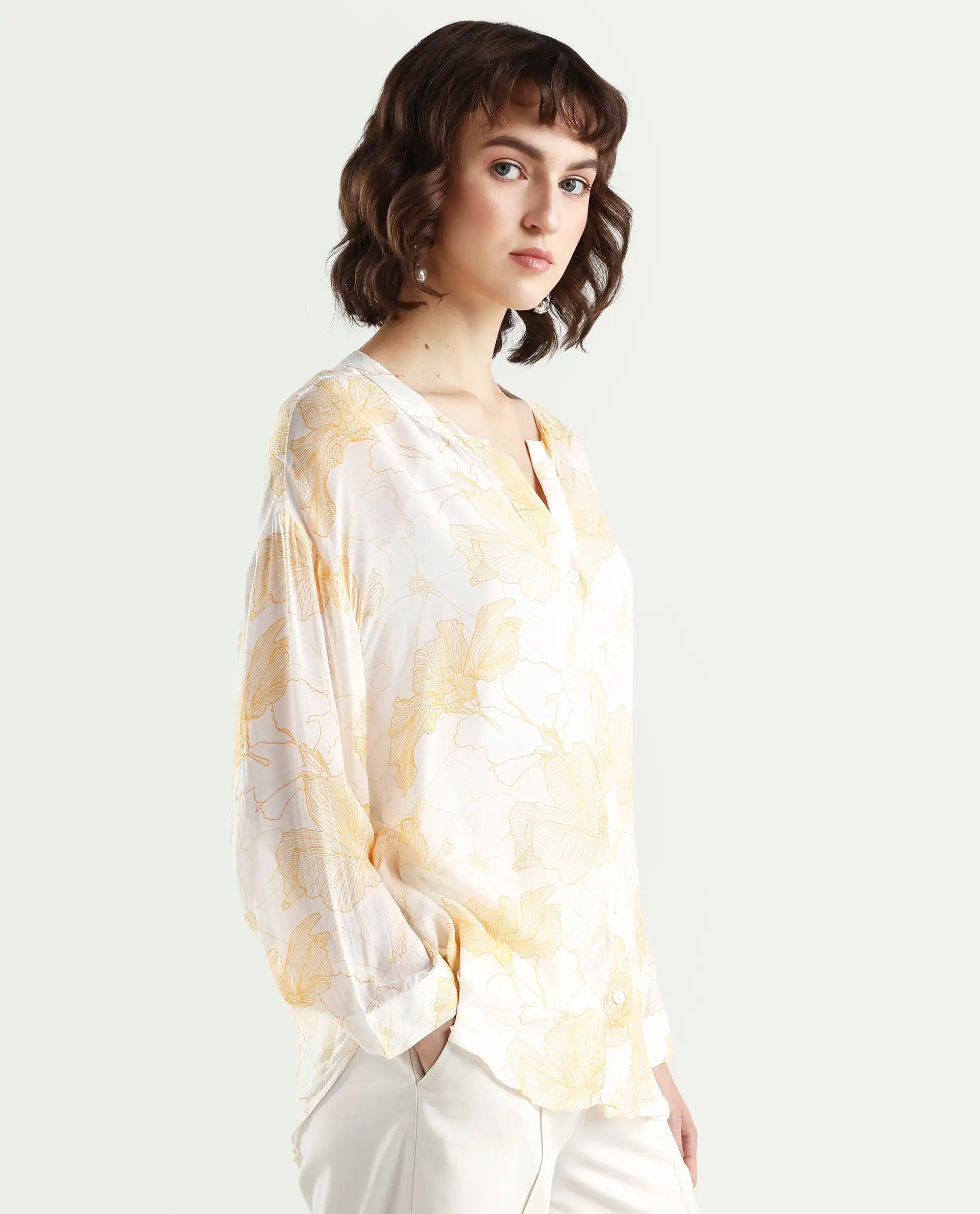 Rareism Women's Mayton Light Yellow Viscose Blend Mandarin Collar Floral Print Cuffed Sleeve Relaxed Fit Top