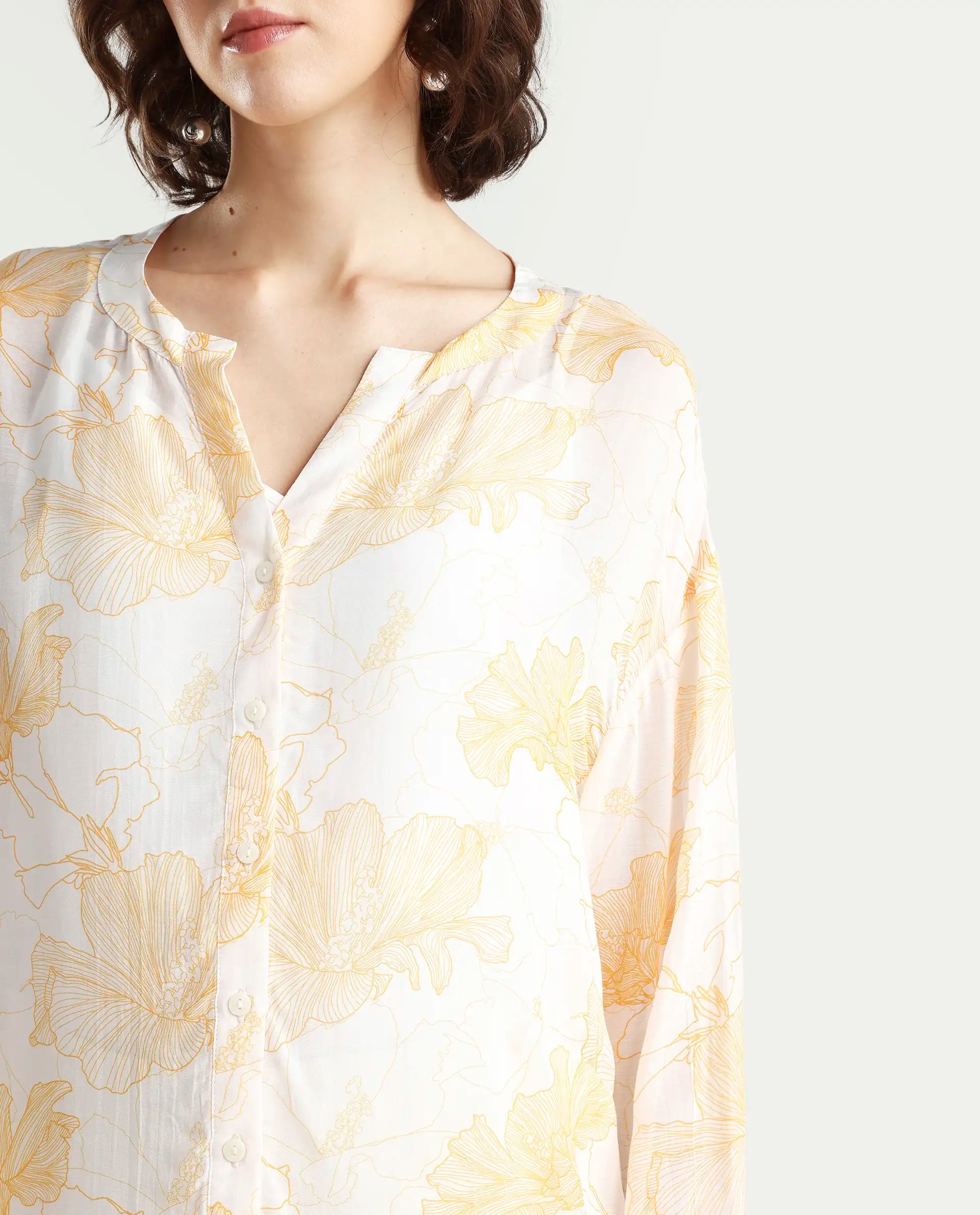 Rareism Women's Mayton Light Yellow Viscose Blend Mandarin Collar Floral Print Cuffed Sleeve Relaxed Fit Top