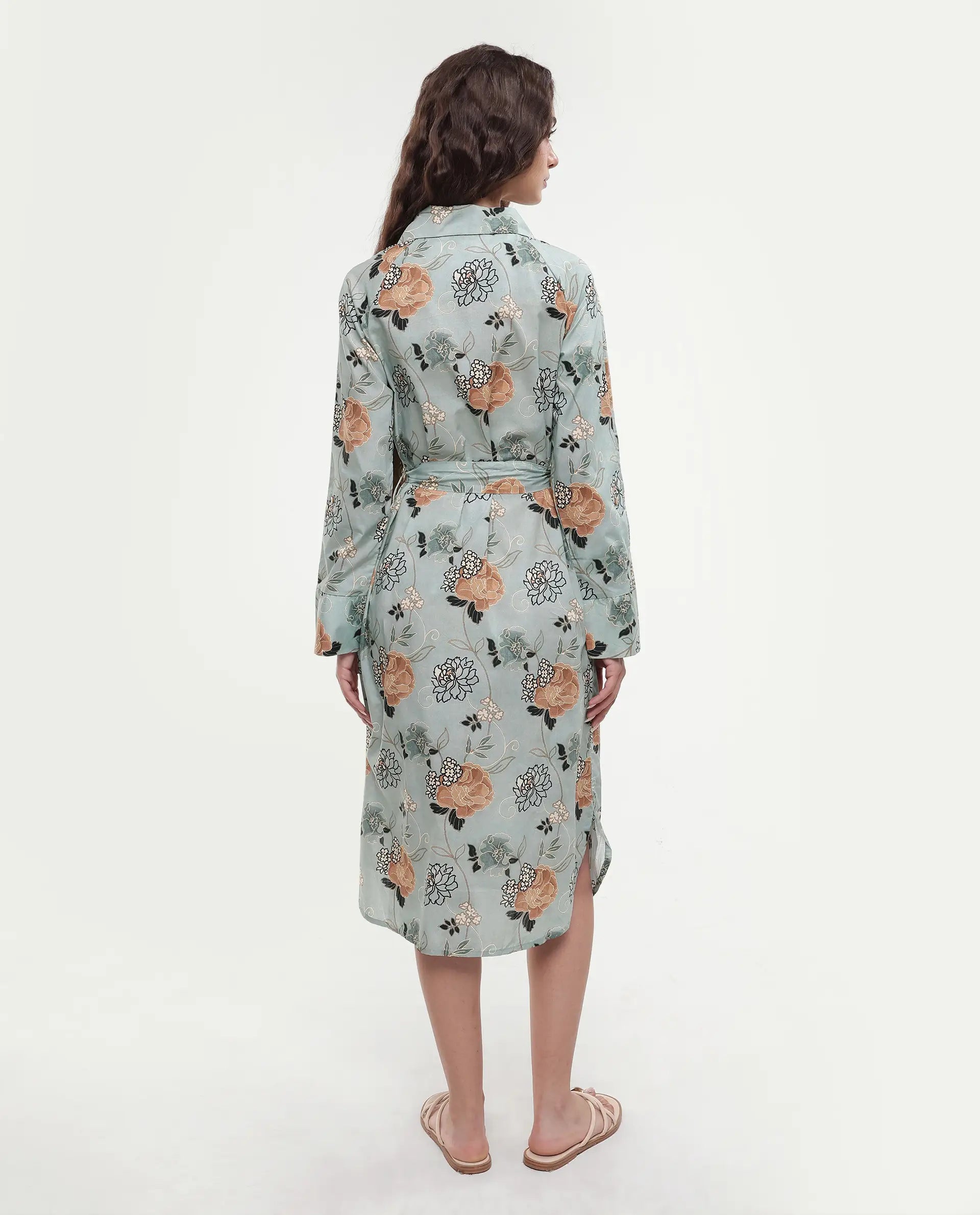 Rareism Women's Regnio Multi Cotton Drop Collar Floral Print Raglan Sleeve Midi A-Line Dress