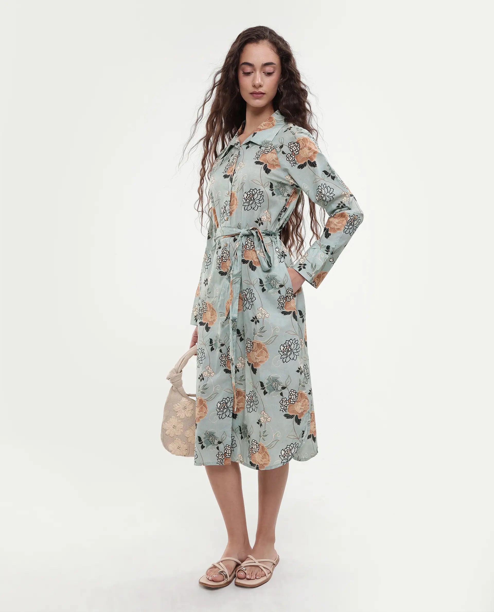 Rareism Women's Regnio Multi Cotton Drop Collar Floral Print Raglan Sleeve Midi A-Line Dress