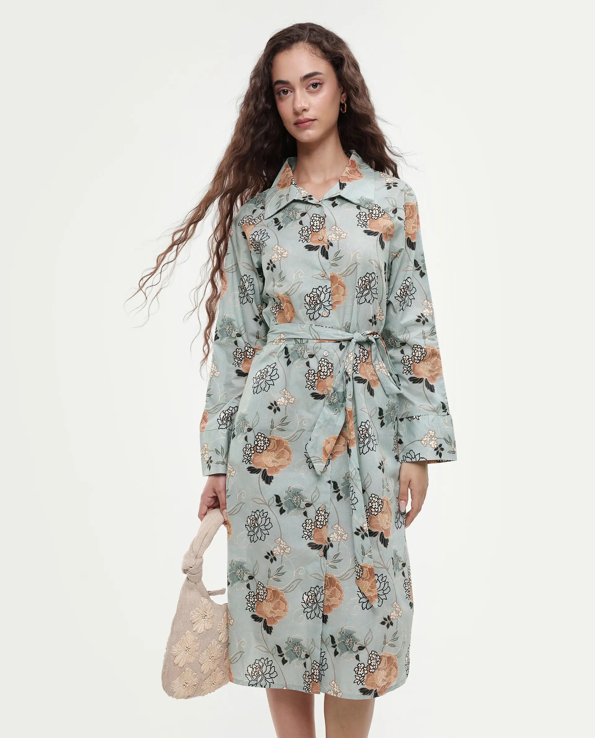 Rareism Women's Regnio Multi Cotton Drop Collar Floral Print Raglan Sleeve Midi A-Line Dress