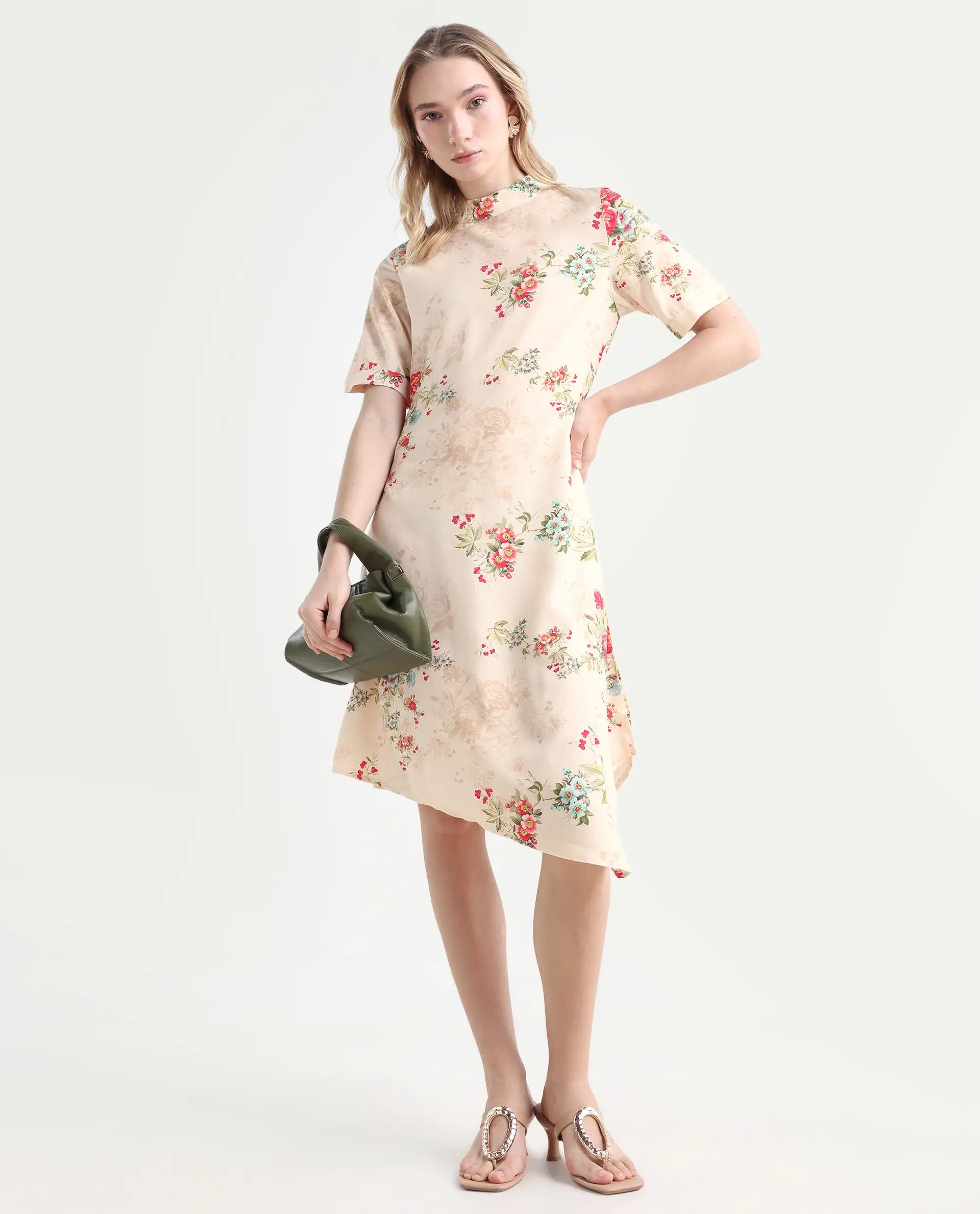 Rareism Women's Kellogs Light Multi Viscose High Neck Floral Print Knee Length Regular Fit Dress