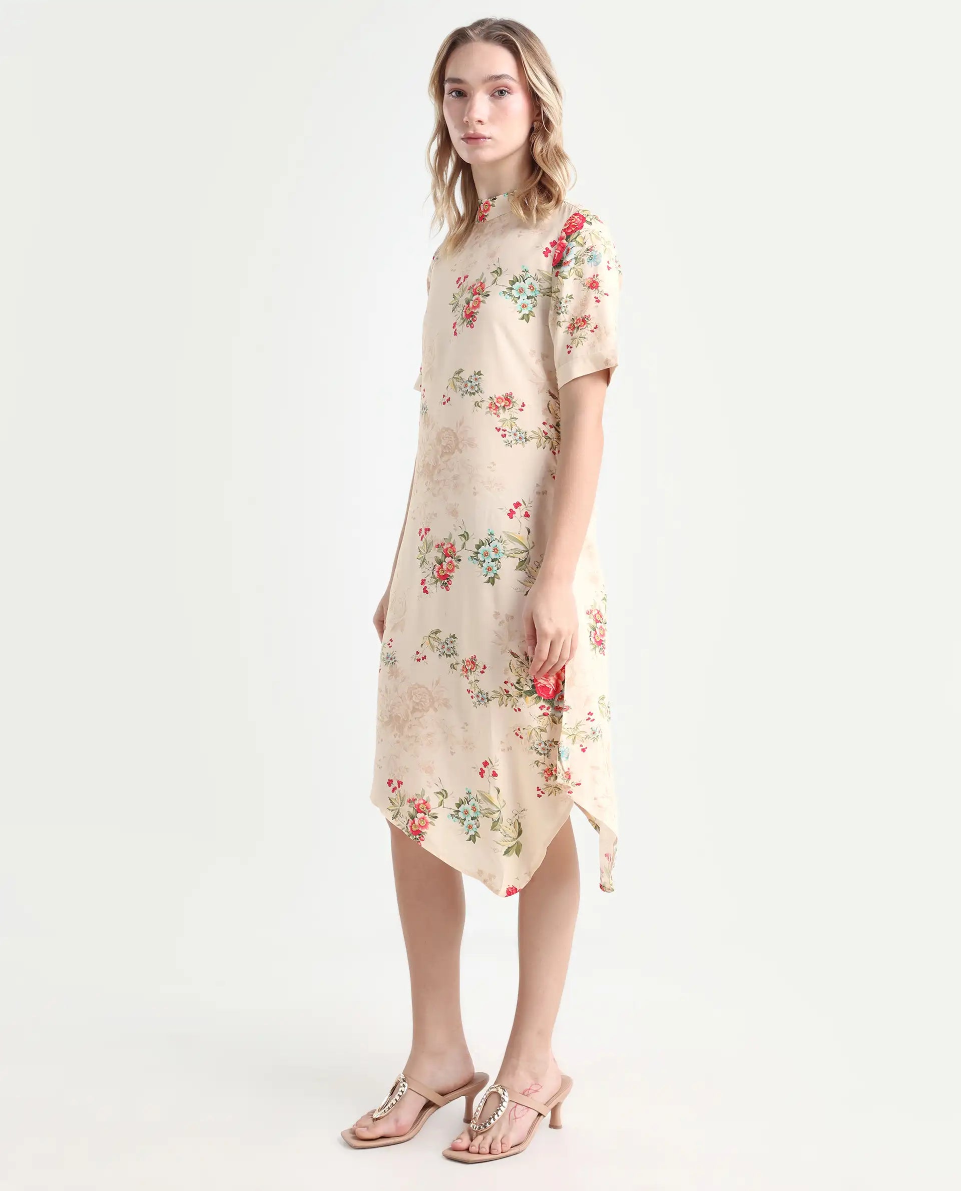 Rareism Women's Kellogs Light Multi Viscose High Neck Floral Print Knee Length Regular Fit Dress