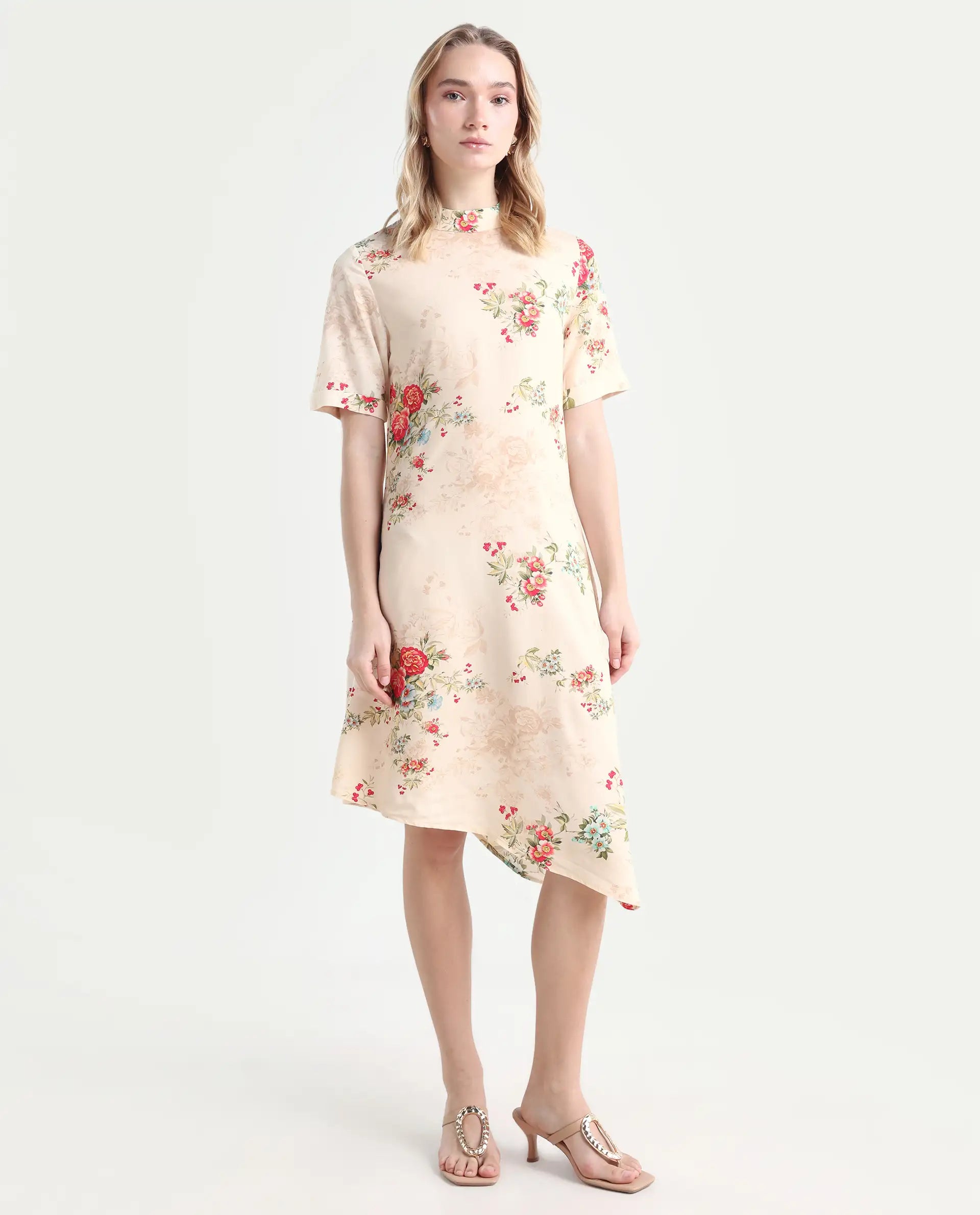 Rareism Women's Kellogs Light Multi Viscose High Neck Floral Print Knee Length Regular Fit Dress