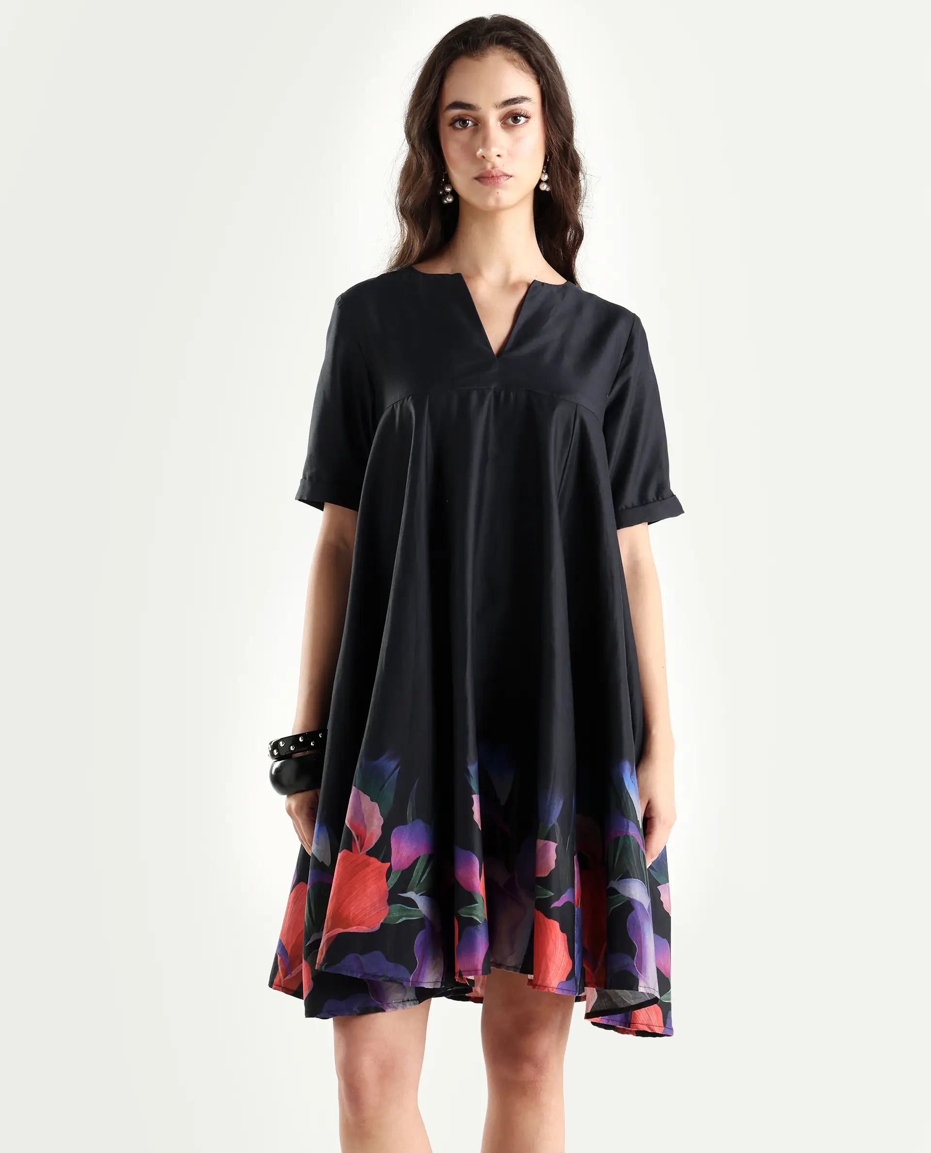 Rareism Women's Zapon Black Cotton Blend Crew Neck Floral Print Knee Length Fit And Flare Dress