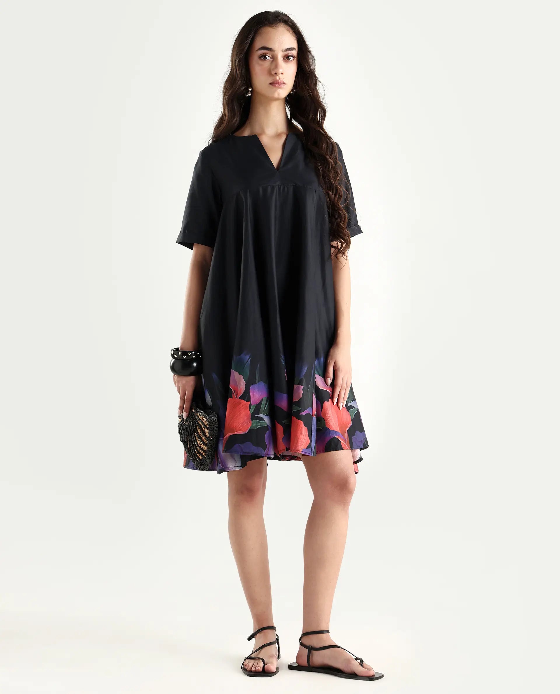 Rareism Women's Zapon Black Cotton Blend Crew Neck Floral Print Knee Length Fit And Flare Dress