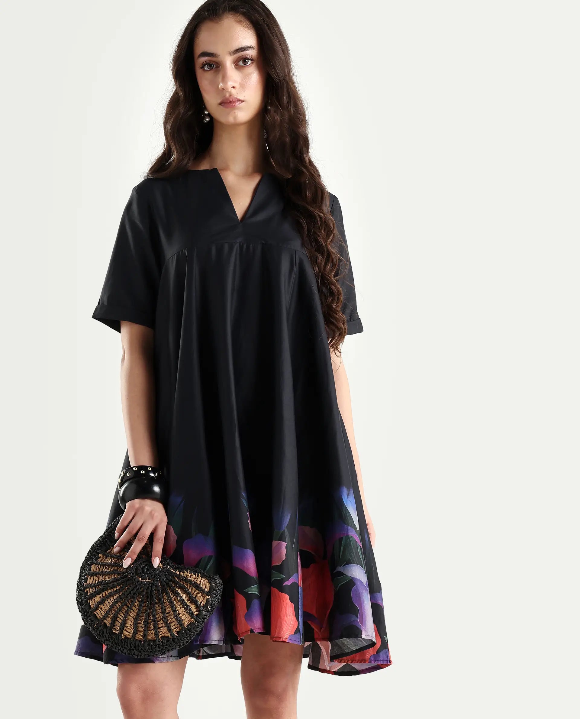 Rareism Women's Zapon Black Cotton Blend Crew Neck Floral Print Knee Length Fit And Flare Dress
