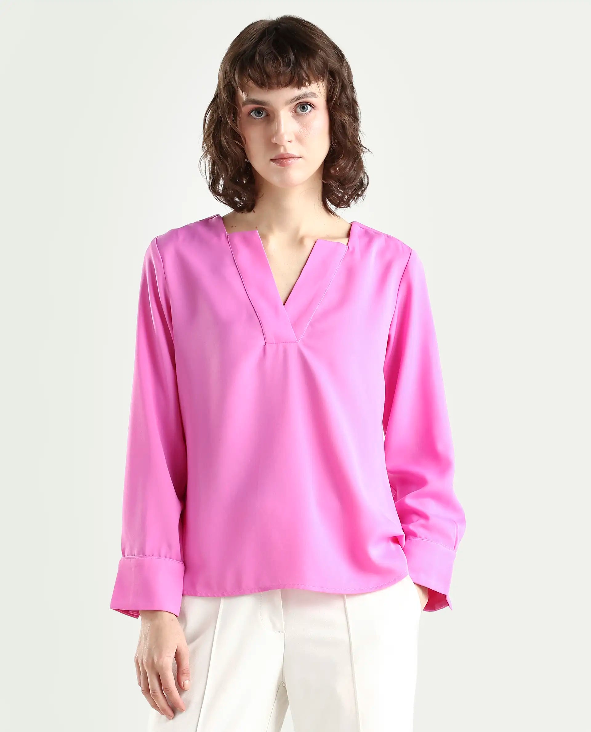 Rareism Women's Shami Pink Polyester V-Neck Plain Cuffed Sleeve Regular Fit Top
