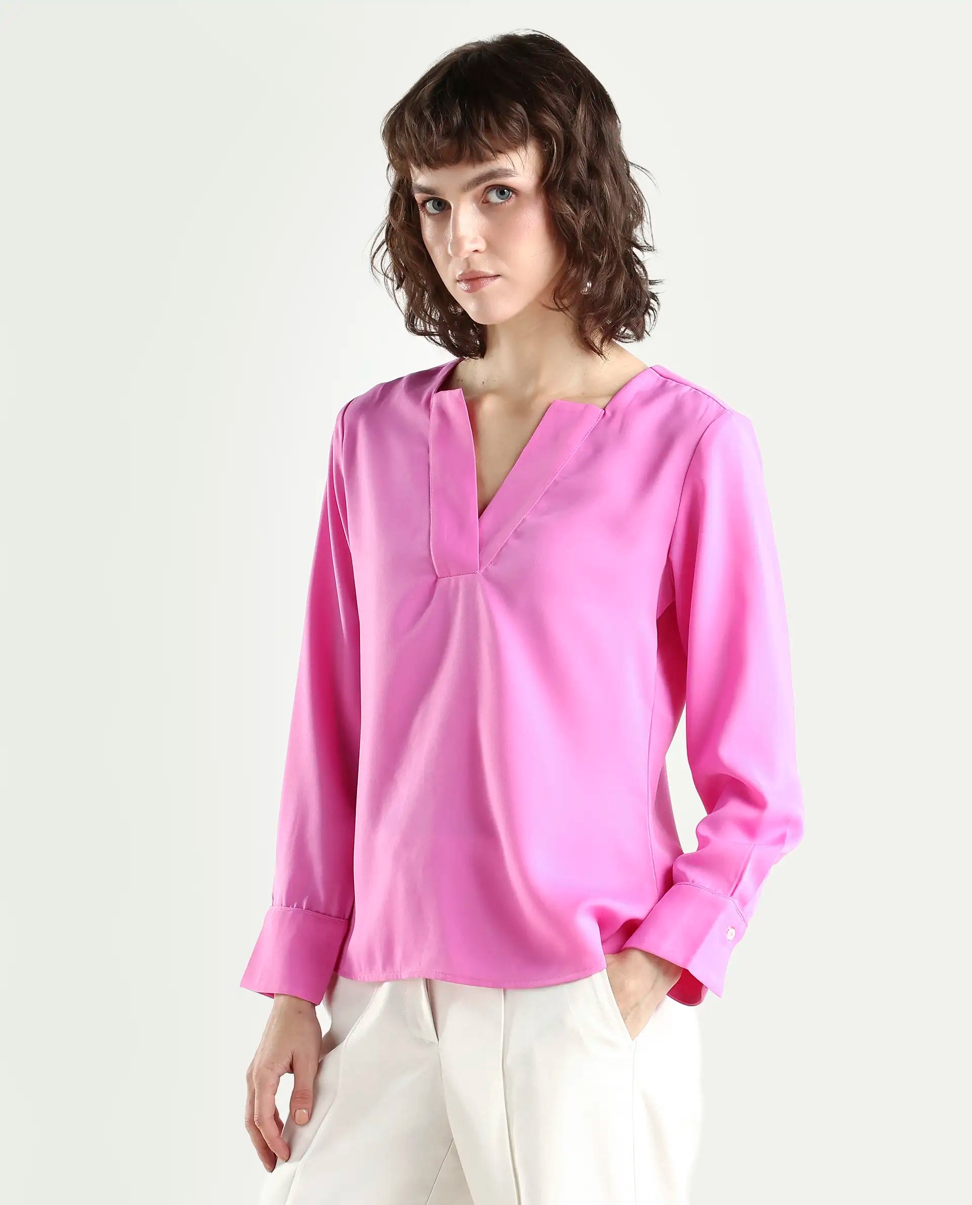 Rareism Women's Shami Pink Polyester V-Neck Plain Cuffed Sleeve Regular Fit Top