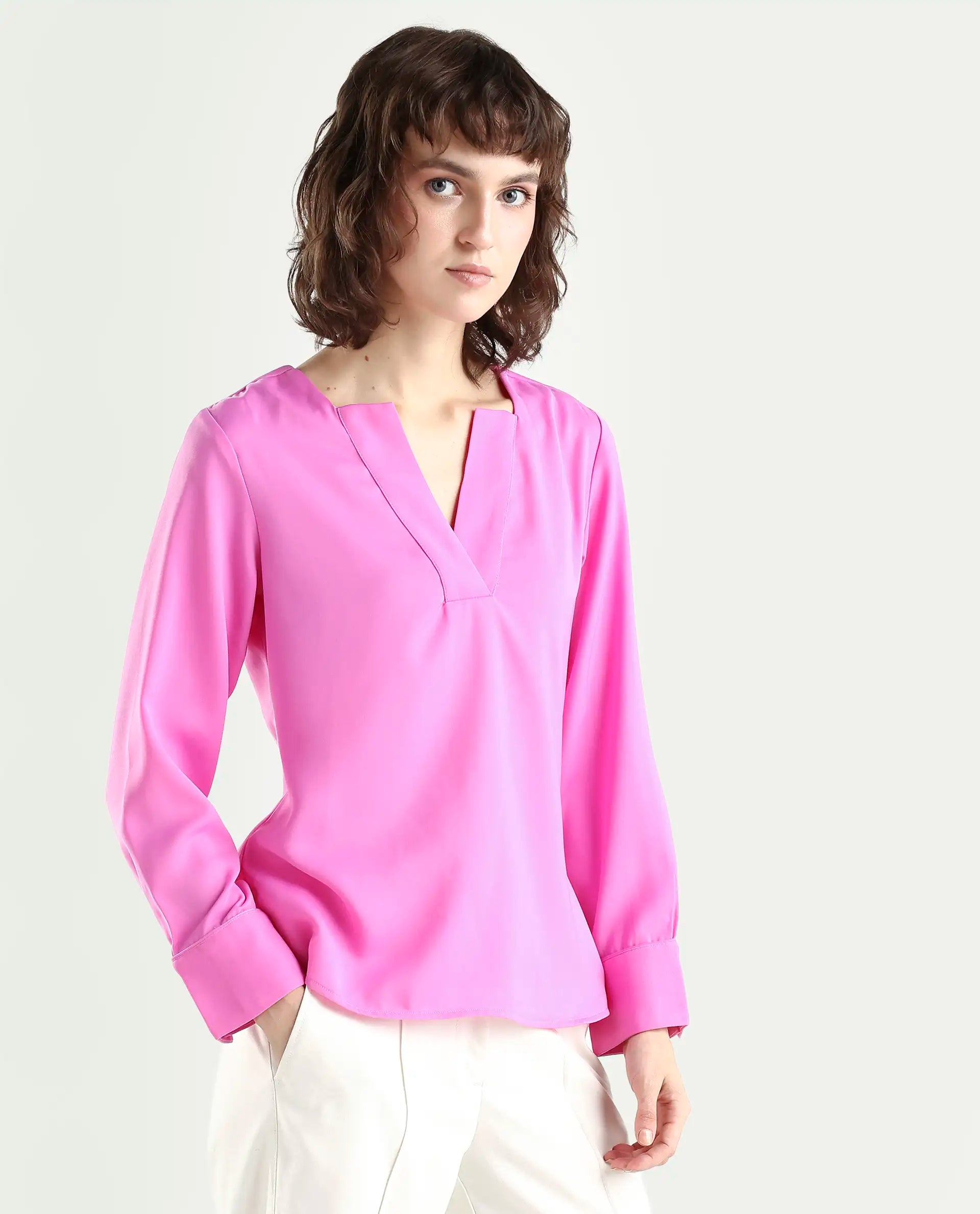 Rareism Women's Shami Pink Polyester V-Neck Plain Cuffed Sleeve Regular Fit Top