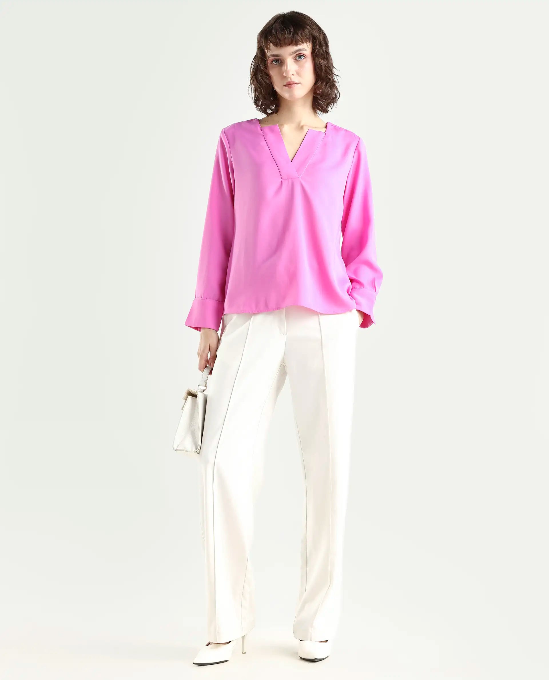 Rareism Women's Shami Pink Polyester V-Neck Plain Cuffed Sleeve Regular Fit Top