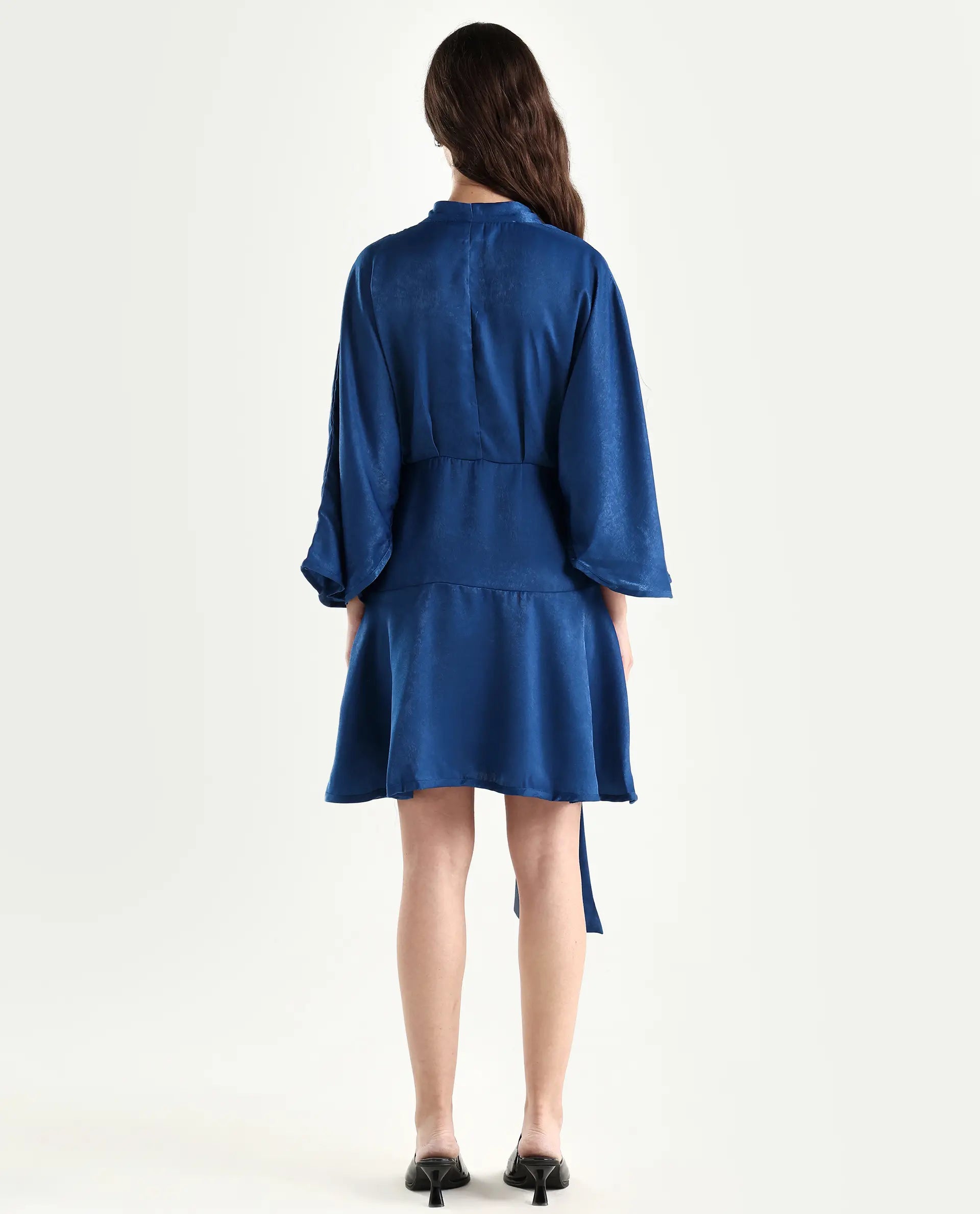 Rareism Women's Alapeno Blue Polyester Overlap Neck Plain Bell Sleeve Mini Fit And Flare Dress