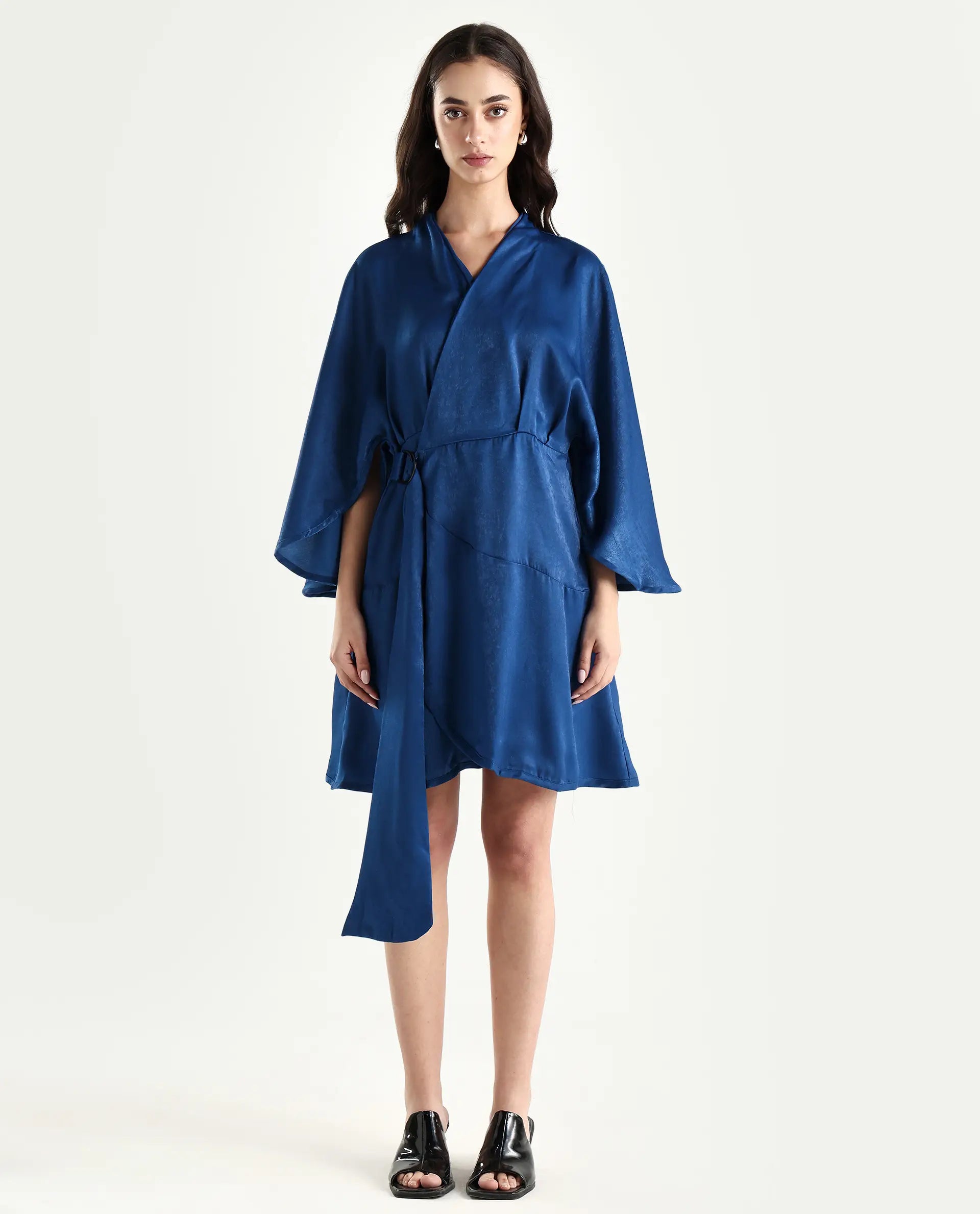 Rareism Women's Alapeno Blue Polyester Overlap Neck Plain Bell Sleeve Mini Fit And Flare Dress