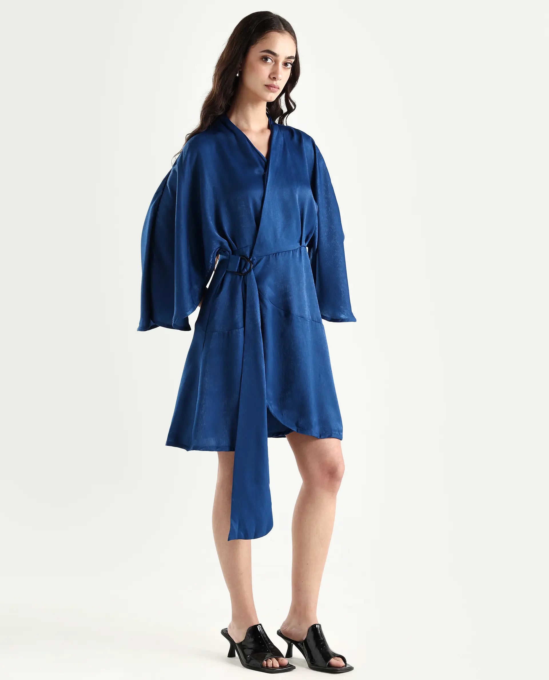 Rareism Women's Alapeno Blue Polyester Overlap Neck Plain Bell Sleeve Mini Fit And Flare Dress