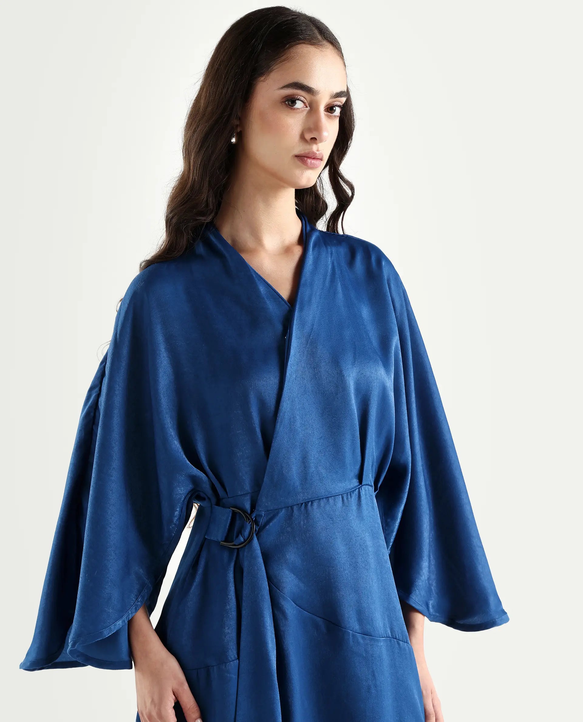 Rareism Women's Alapeno Blue Polyester Overlap Neck Plain Bell Sleeve Mini Fit And Flare Dress