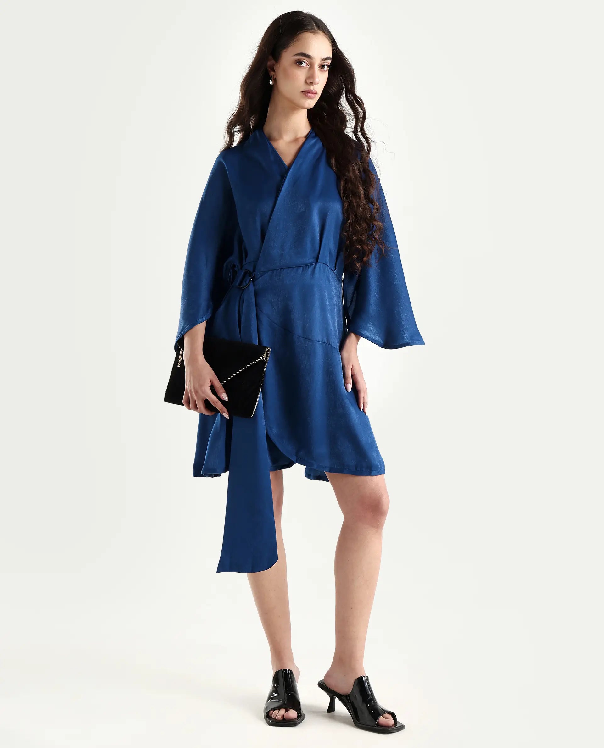 Rareism Women's Alapeno Blue Polyester Overlap Neck Plain Bell Sleeve Mini Fit And Flare Dress