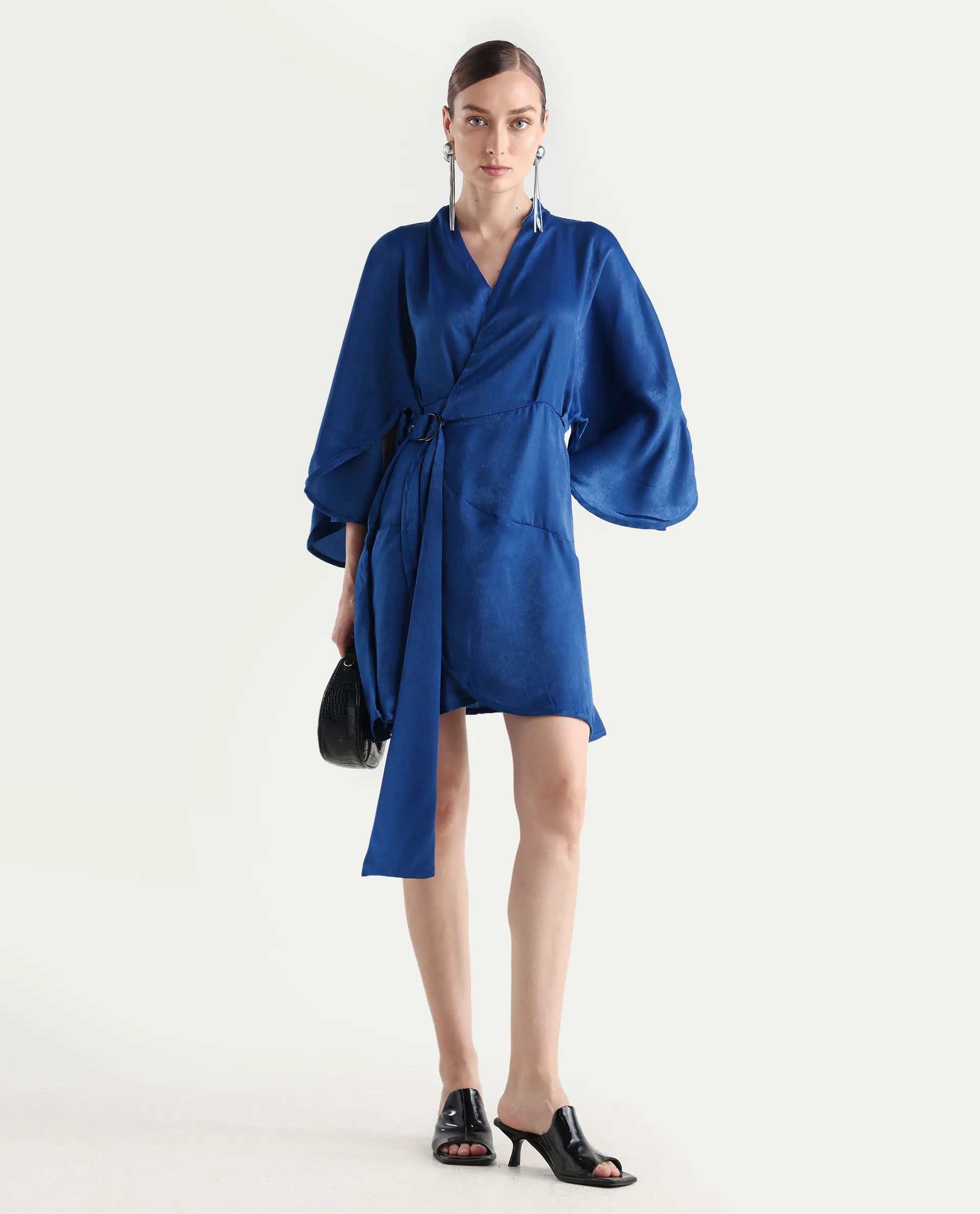 Rareism Women's Alapeno Blue Polyester Overlap Neck Plain Bell Sleeve Mini Fit And Flare Dress