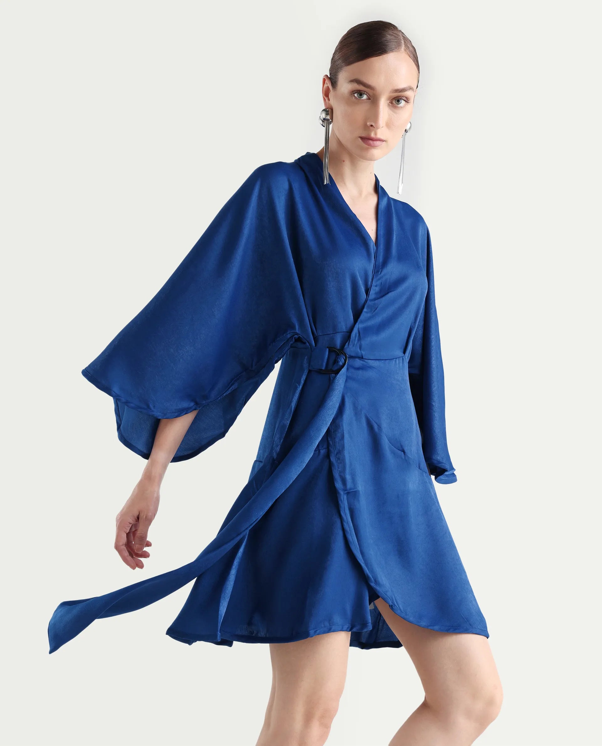 Rareism Women's Alapeno Blue Polyester Overlap Neck Plain Bell Sleeve Mini Fit And Flare Dress