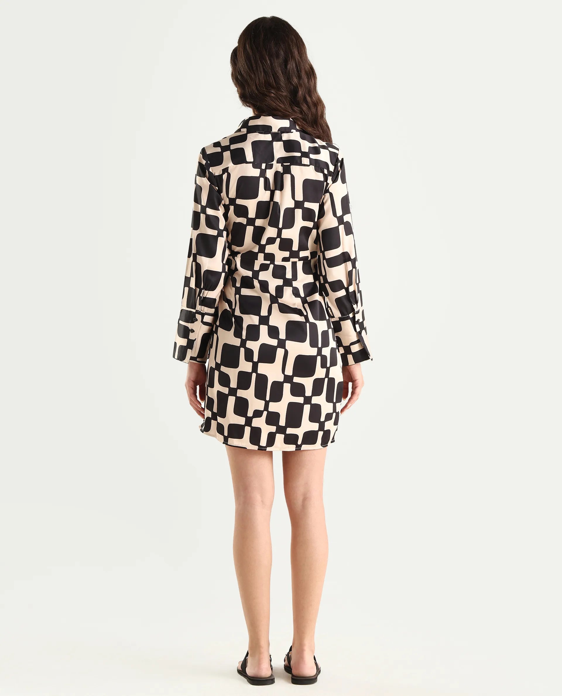 Rareism Women's Rager Black Satin Drop Collar Geometric Print Cuffed Sleeve Mini Wrap Dress