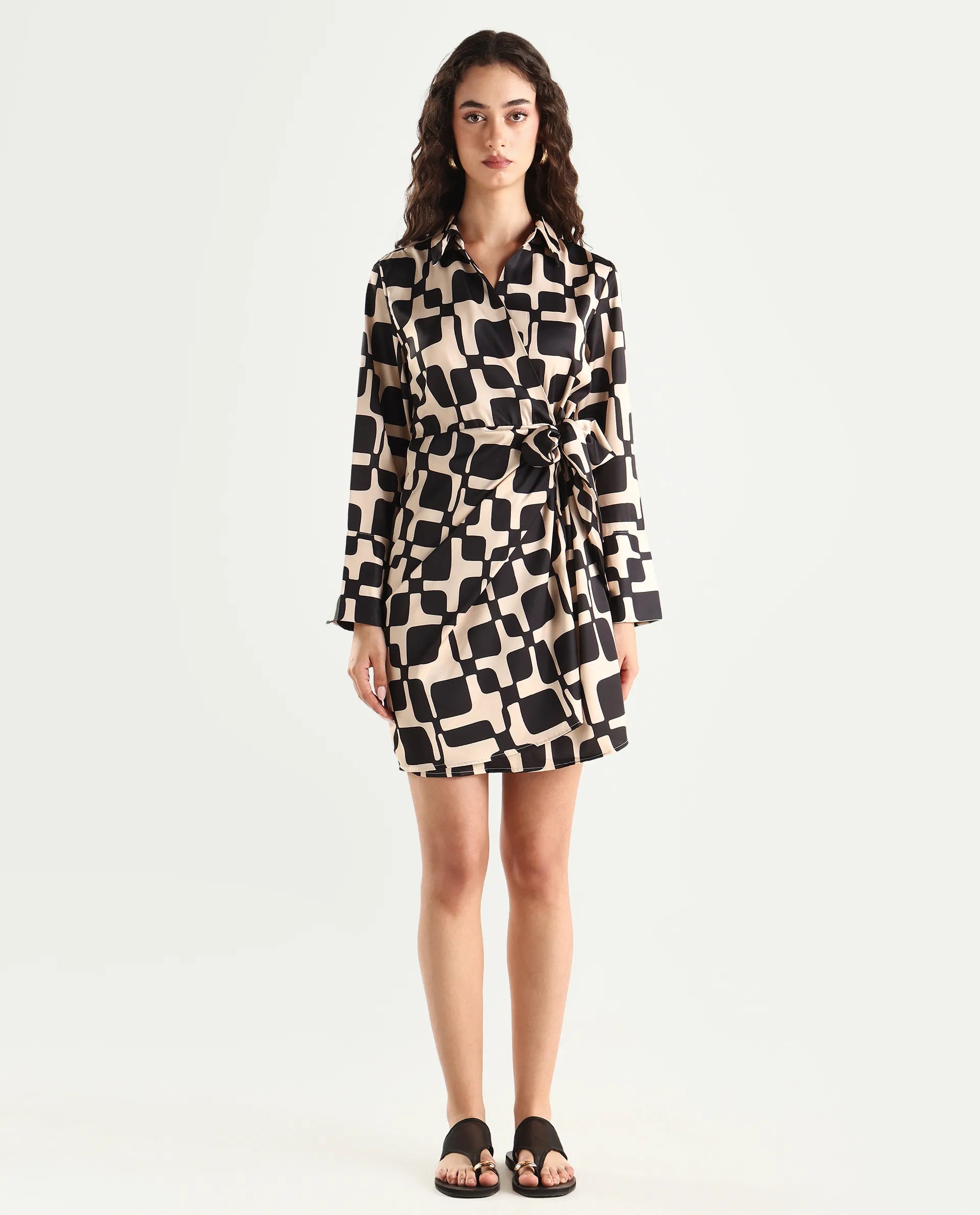 Rareism Women's Rager Black Satin Drop Collar Geometric Print Cuffed Sleeve Mini Wrap Dress