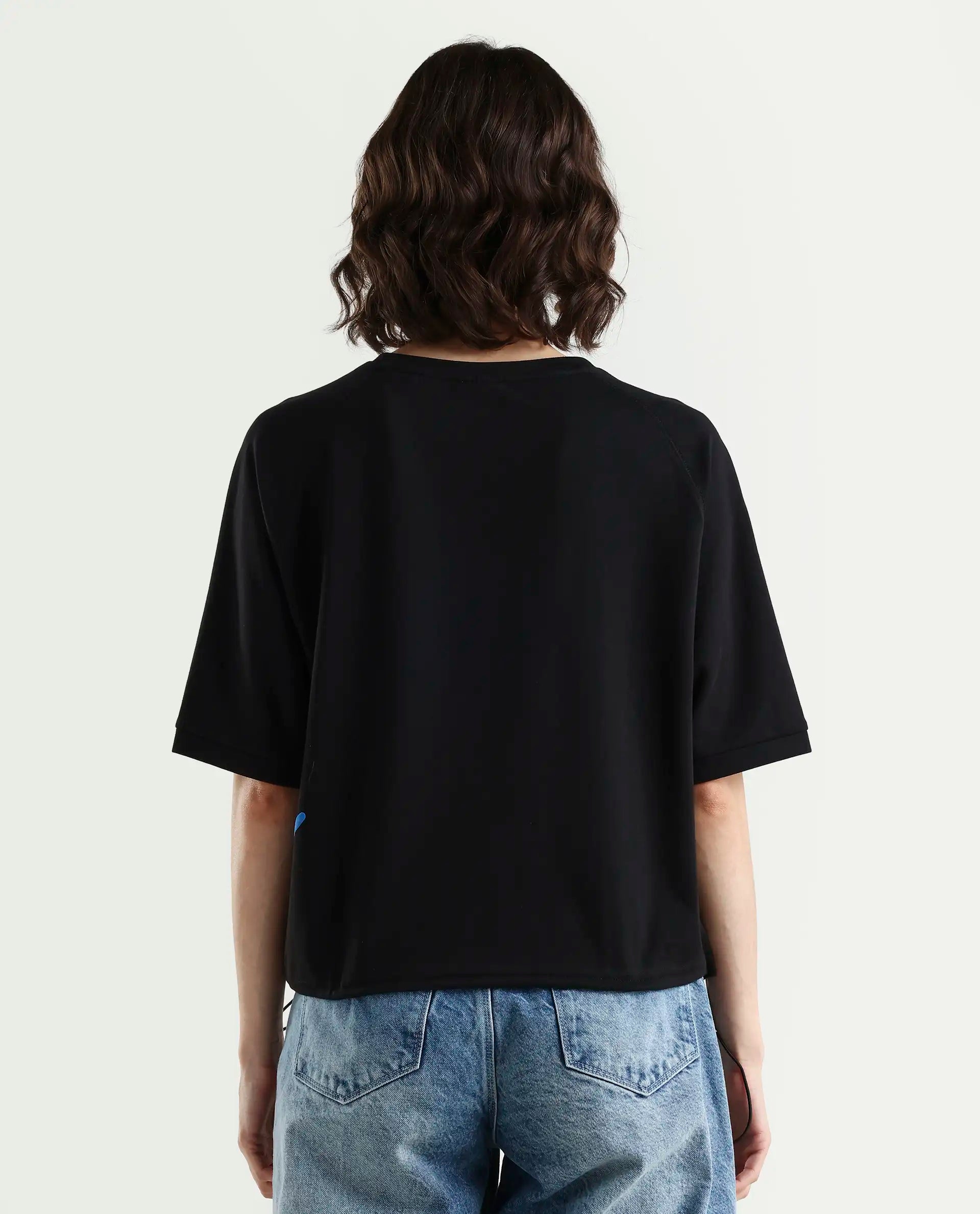 Rareism Women's Marco Black Cotton Blend Crew Neck Graphic Print Relaxed Fit T-Shirt