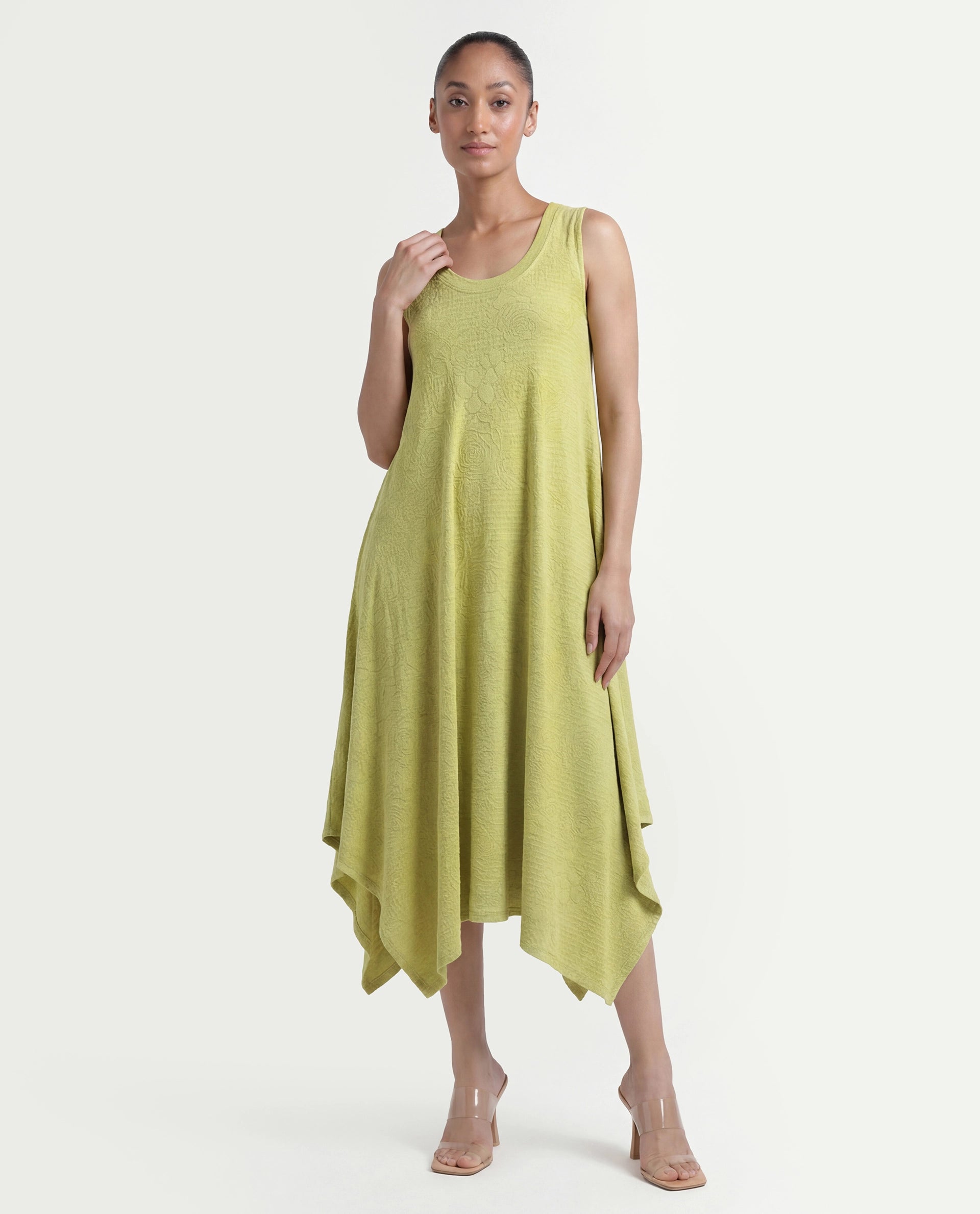 Rareism Women's Kisame Light Green Knit Jacquard Crew Neck Plain Sleeveless Midi Flared Dress